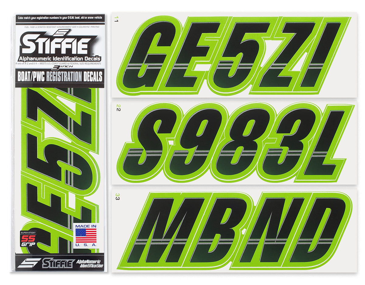 Stiffie Techtron Black/Team Green 3    Super Sticky Boat & Pwc Registration Decals  Numbers Letters Stickers