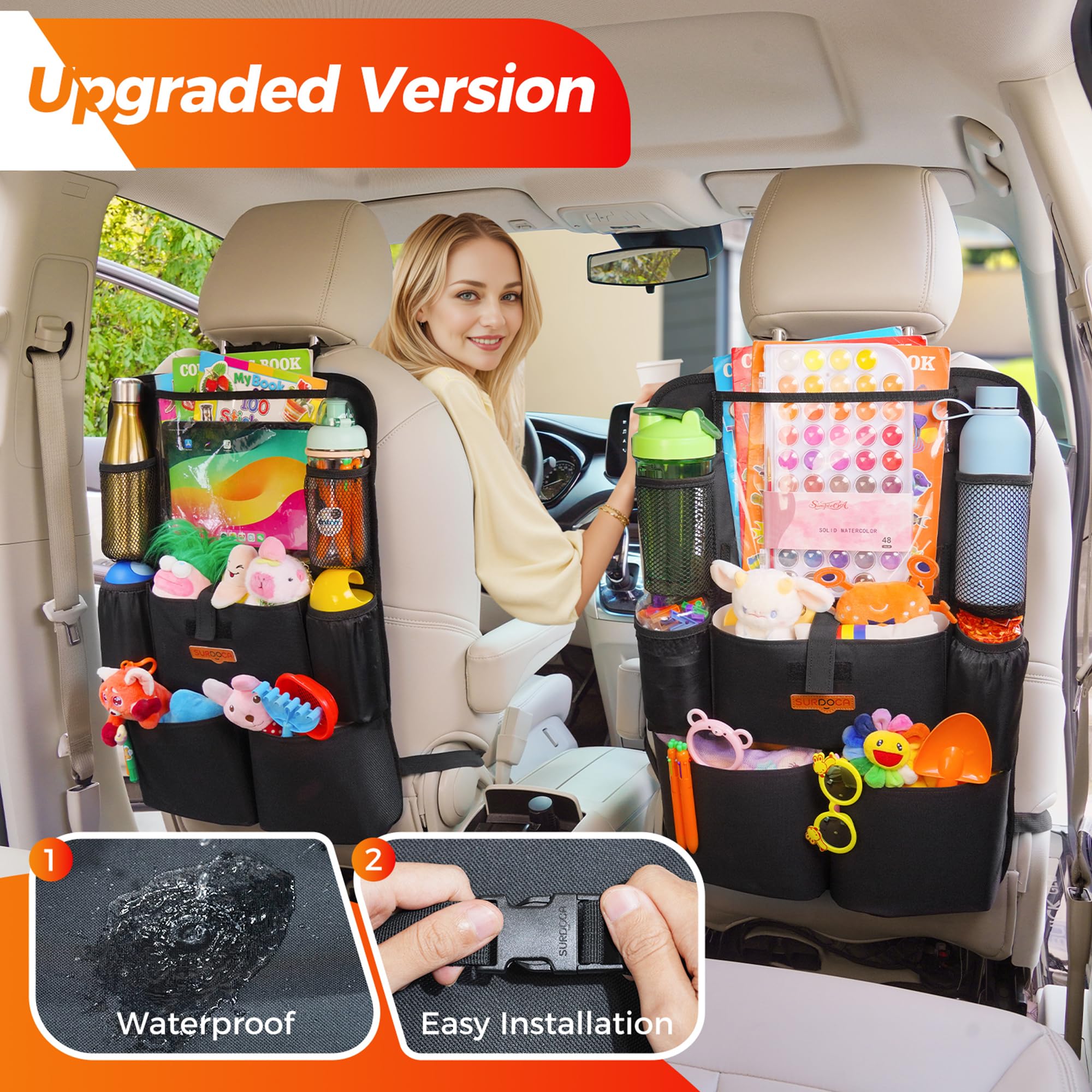 Surdoca Upgraded Car Organizer With 11-In Touch Screen Tablet Holder, Backseat Organizer With 8 Pockets, Car Seat Protector Road