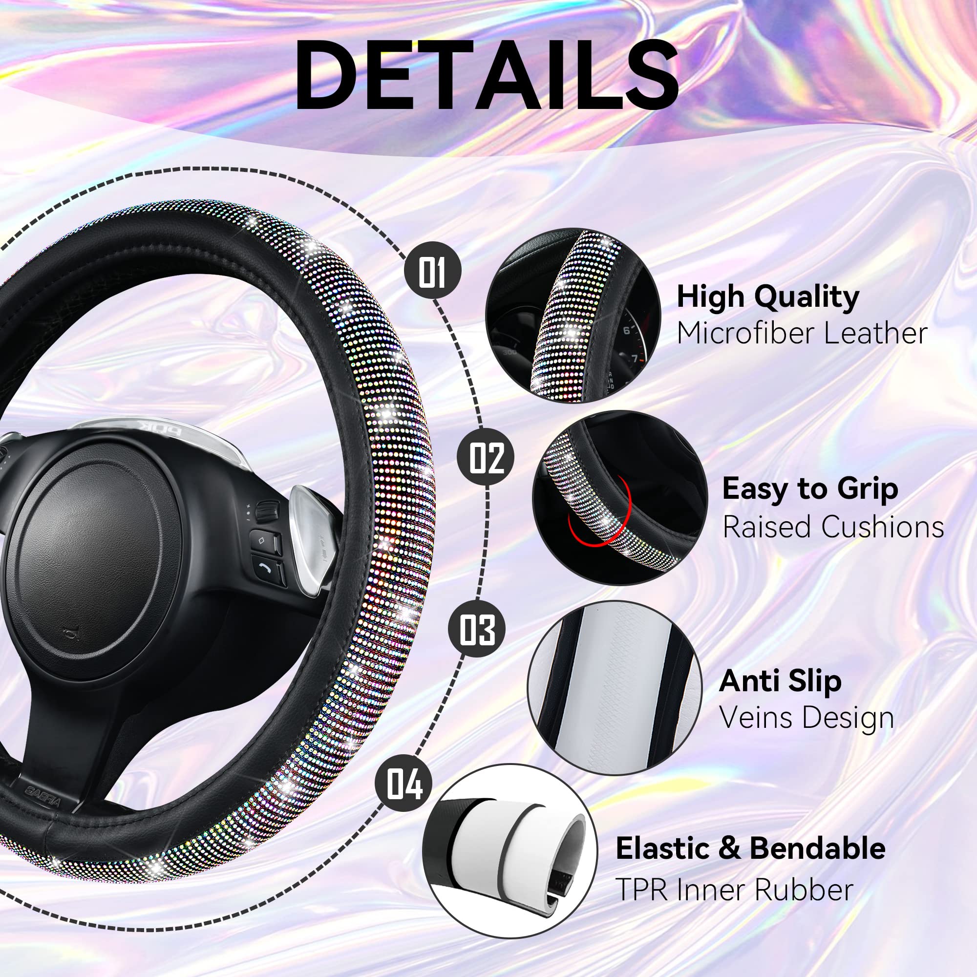 Car Pass 7 Pcs Bling Car Accessories For Women, Sparkly Rhinestone Diamond Steering Wheel Cover, Bling Seat Belt Cushion, Glitte