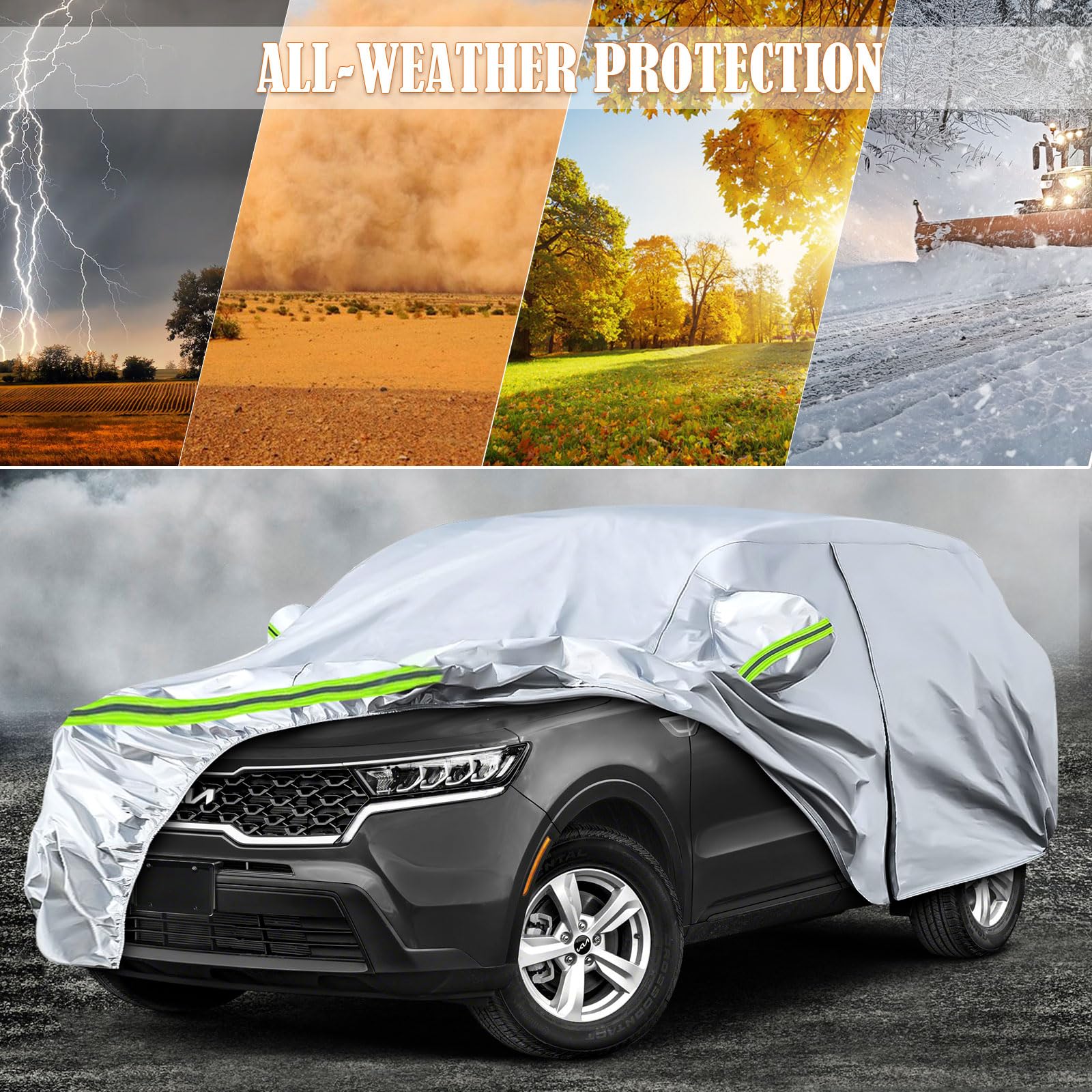 Waterproof Car Covers Replace For 2009-2025 Kia Sorento, 6 Layers Silver All Weather Car Cover With Zipper Door & Windproof Band