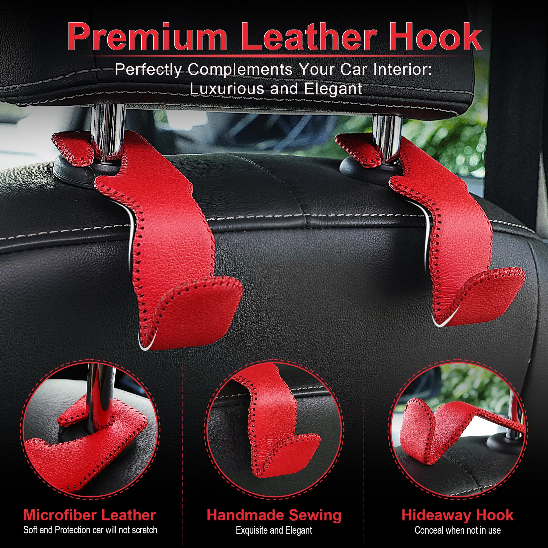 Livtee Red Superior Leather Car Seat Back Headrest Hook, Auto Seat Hook Hangers Interior Accessories For Purse Coats Umbrellas G
