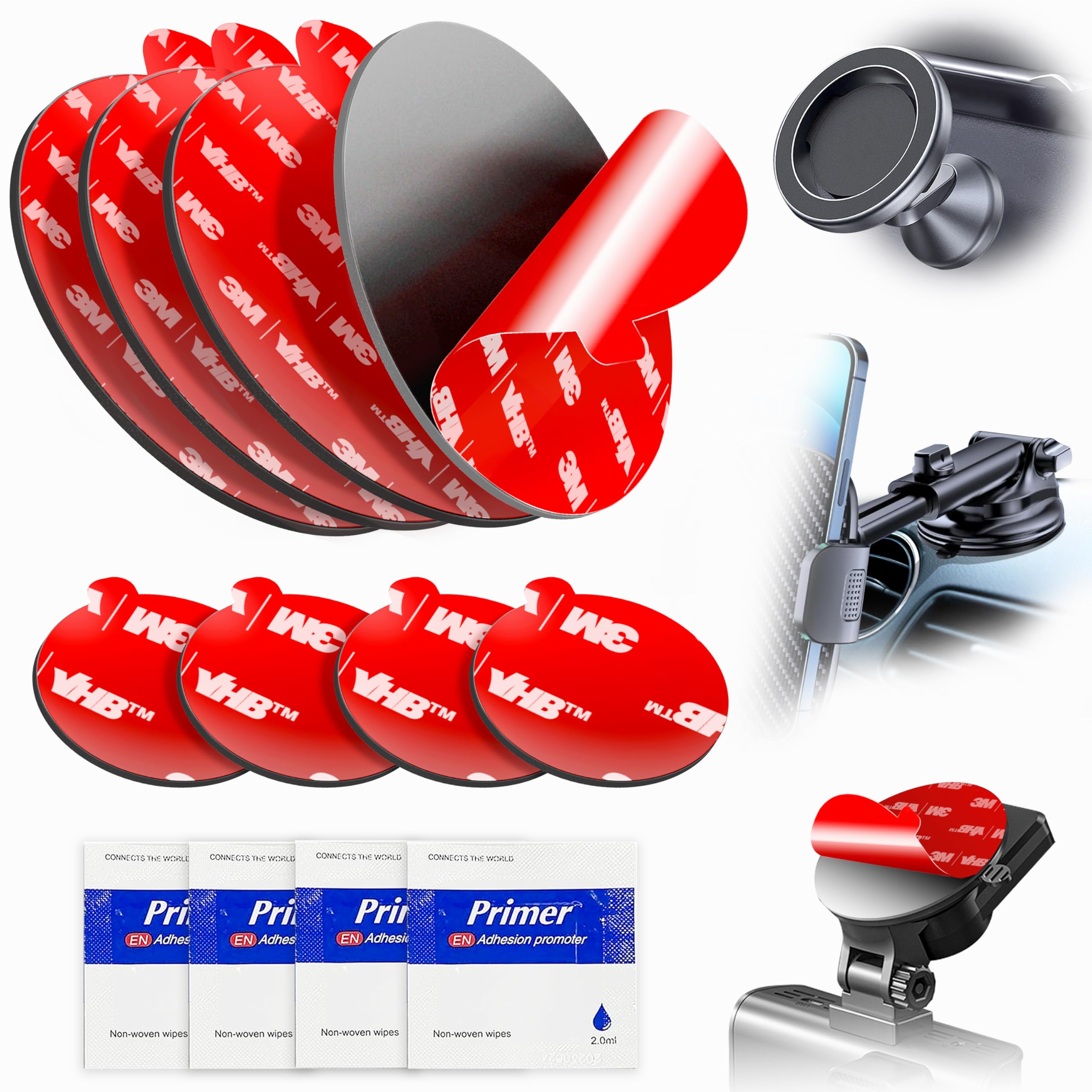 3M VHB Round Double-Sided Adhesive Pads - 4pcs Each of 3.15'' and 0.91'' Sticky Mounting Tape for Phone Holder, Car Magnetic Mou