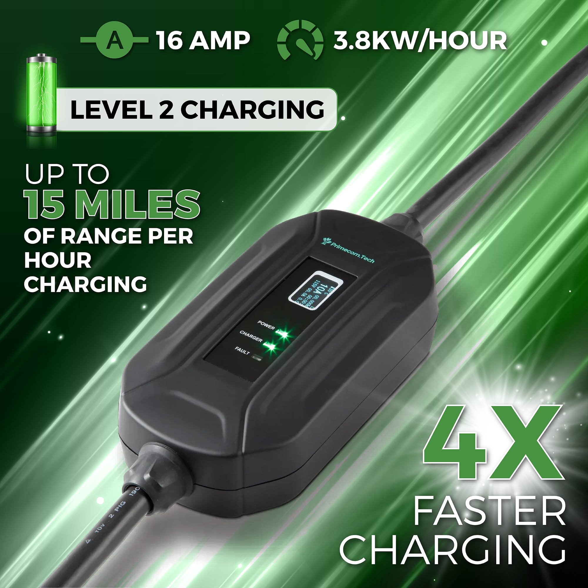 Primecom Level 2 Ev Charger 220/240V, 16A, 30Ft & 50Ft, Portable Evse Electric Vehicle Charging Cable Compatible With Bolt Volt