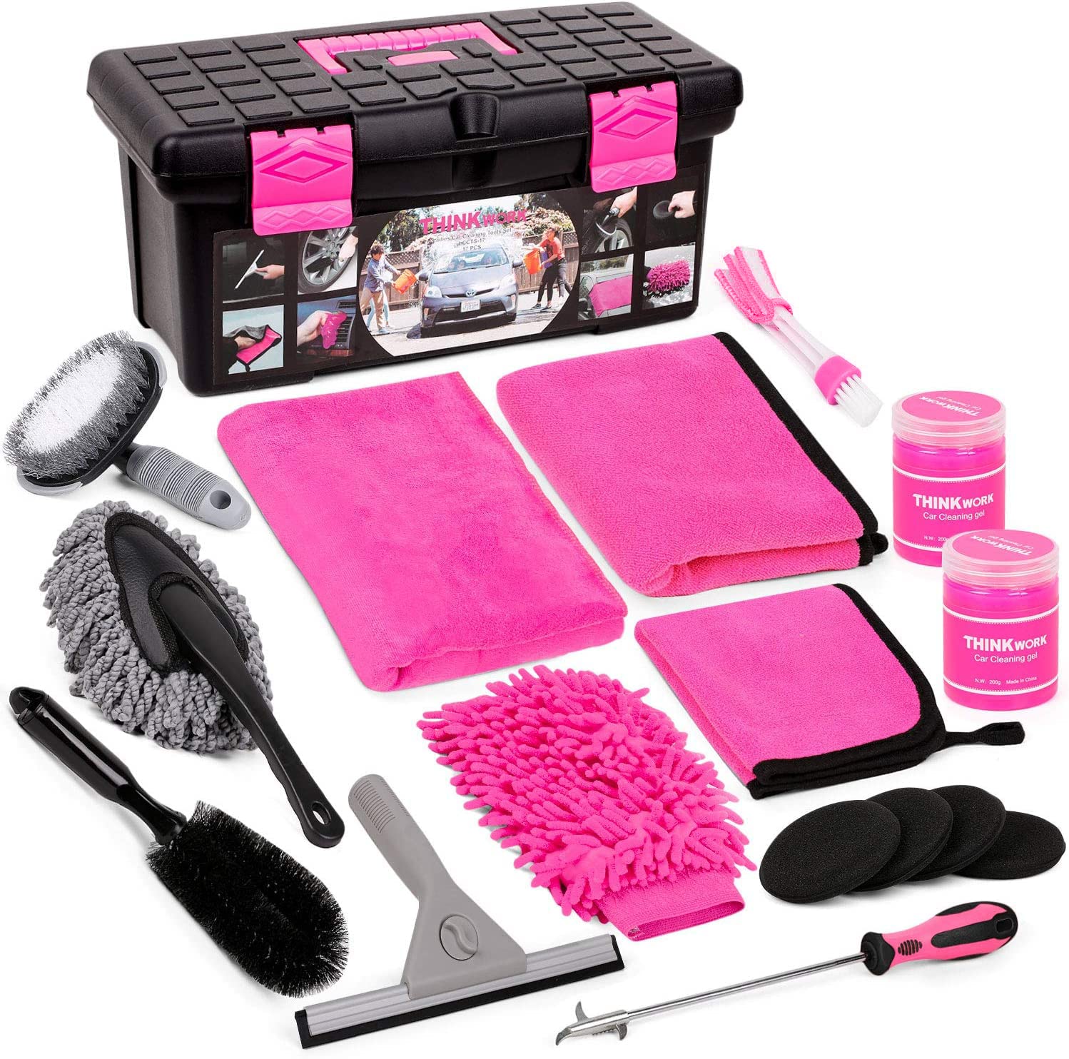Thinkwork Pink Car Detailing Cleaning Kit, Car Wash Kit, Car Accessories For Women Suitable For Small And Medium Vehicles Such As Cars, Trucks, Suvs(17Pcs)