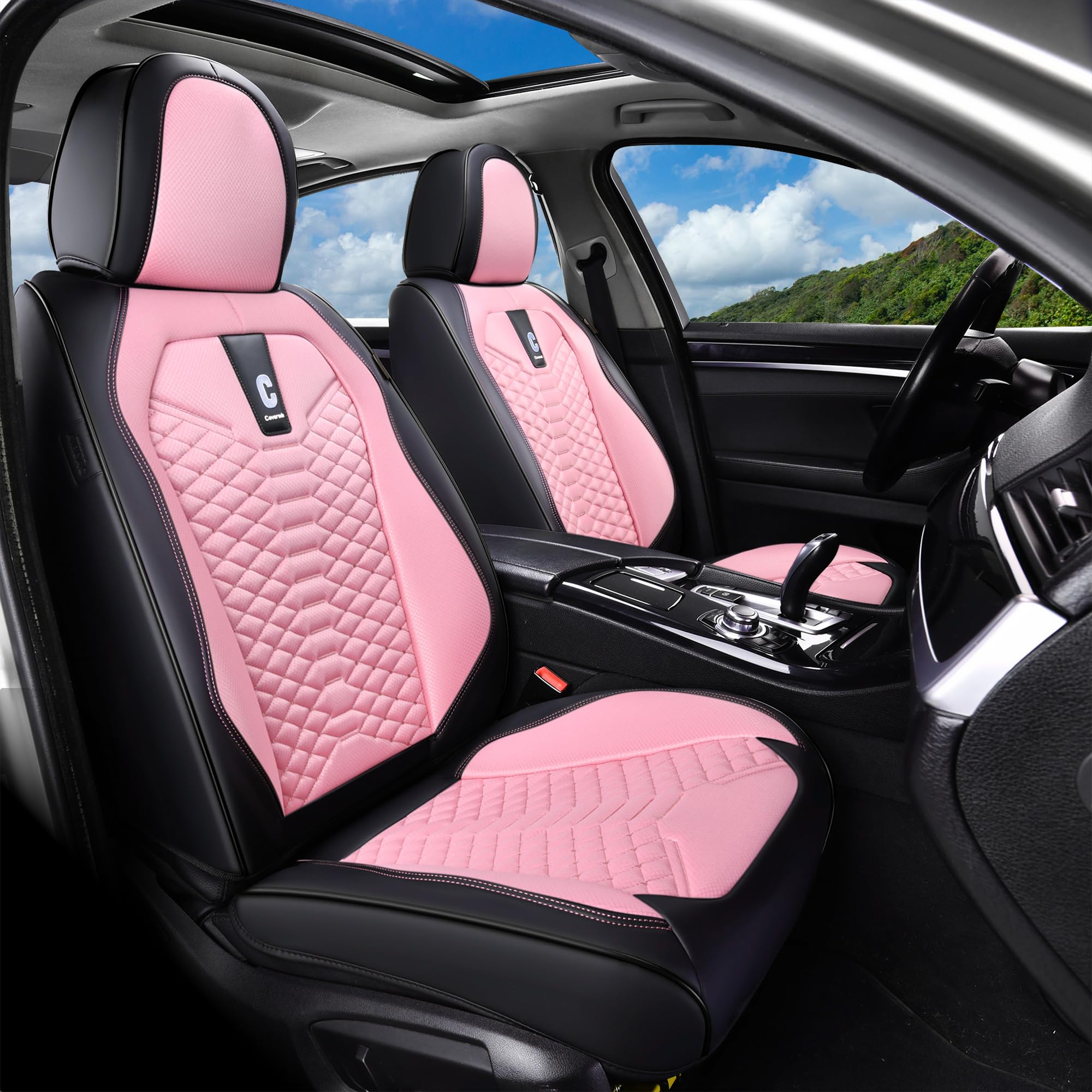 Coverado Front Seat Covers, 2 Pcs Pink Seat Cover Universal Seat Cover For Cars, Breathable Fabric& Faux Leather Seat Cover, Aut