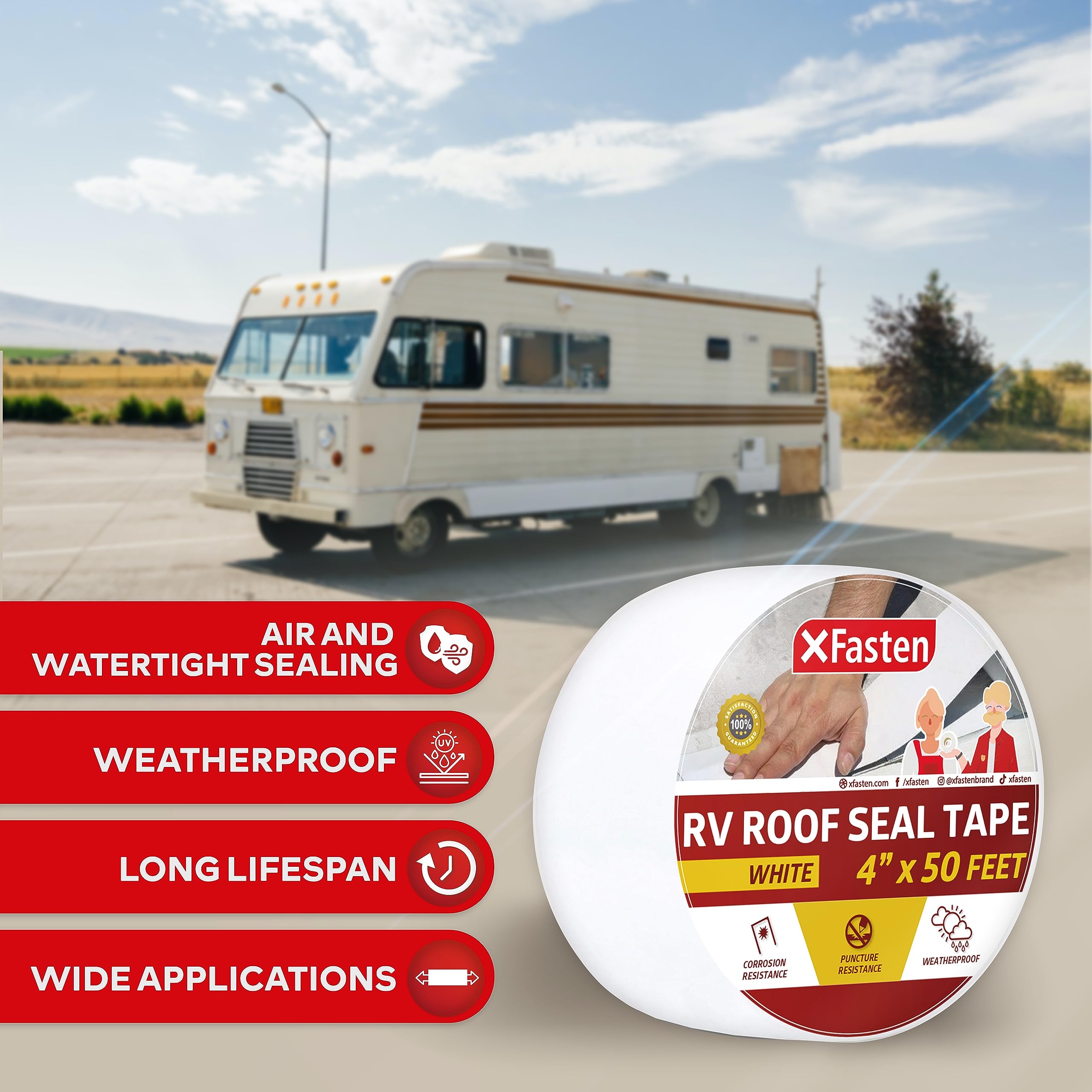 X Fasten Rv Repair Tape, White, 4-Inches By 50-Foot, Weatherproof Rv Rubber Roof Patch Tape For Rv Repair, Window, Vent, Boat Se