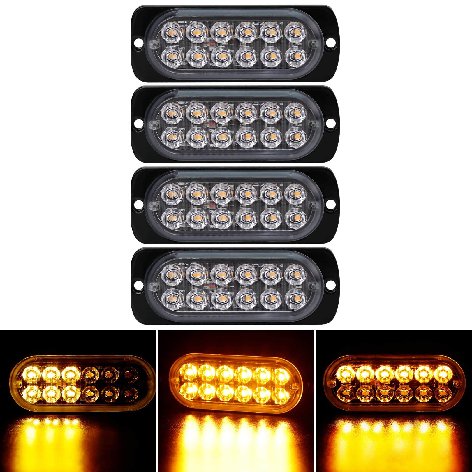 4-Pack 12 Led Amber Strobe Light Kit For Vehicles And Trucks - 12V-24V Emergency Warning Hazard Flash Bar Grill Surface Mount -