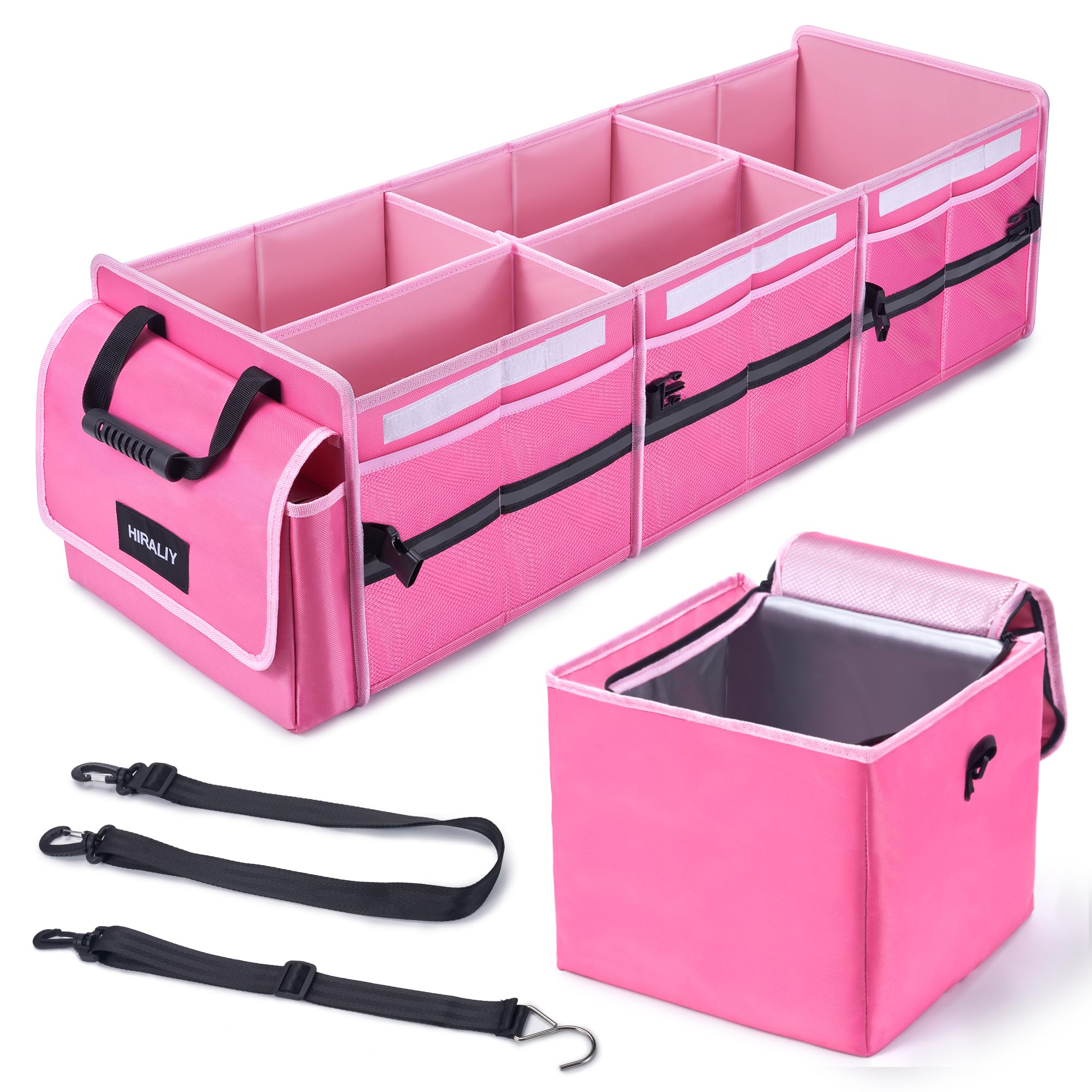 Hiraliy 4 In 1 Car Trunk Storage Organizer, Multi Compartment Collapsible Trunk Storage Box With Leakproof Cooler Bag For Car Tr