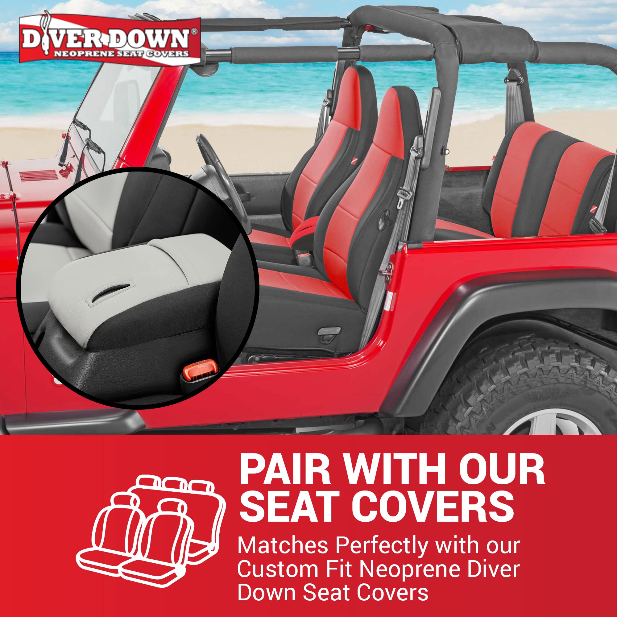 Diver Down Neoprene Center Console Cover - Fits Jeep 1997-2006 Tj Wrangler - Cushioned Armrest Cover - Doesn'T Burn Your Elbow - Tight Custom Fit - Comfortable Foam Armrest Pad (97-00 Red)
