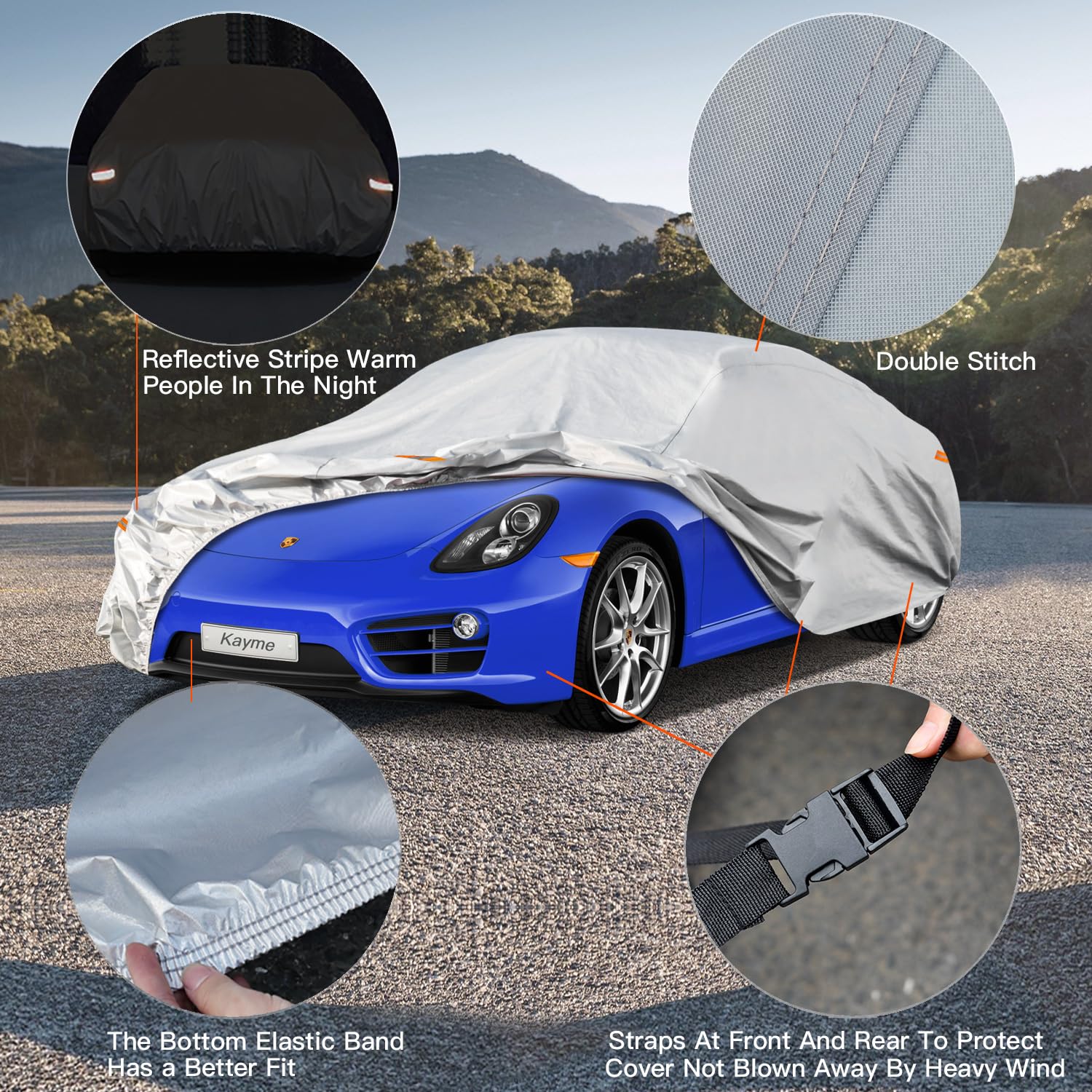Kayme 6 Layers Car Cover Waterproof All Weather For Automobiles, Outdoor Full Cover Rain Sun Uv Protection, Universal Fit For Ni