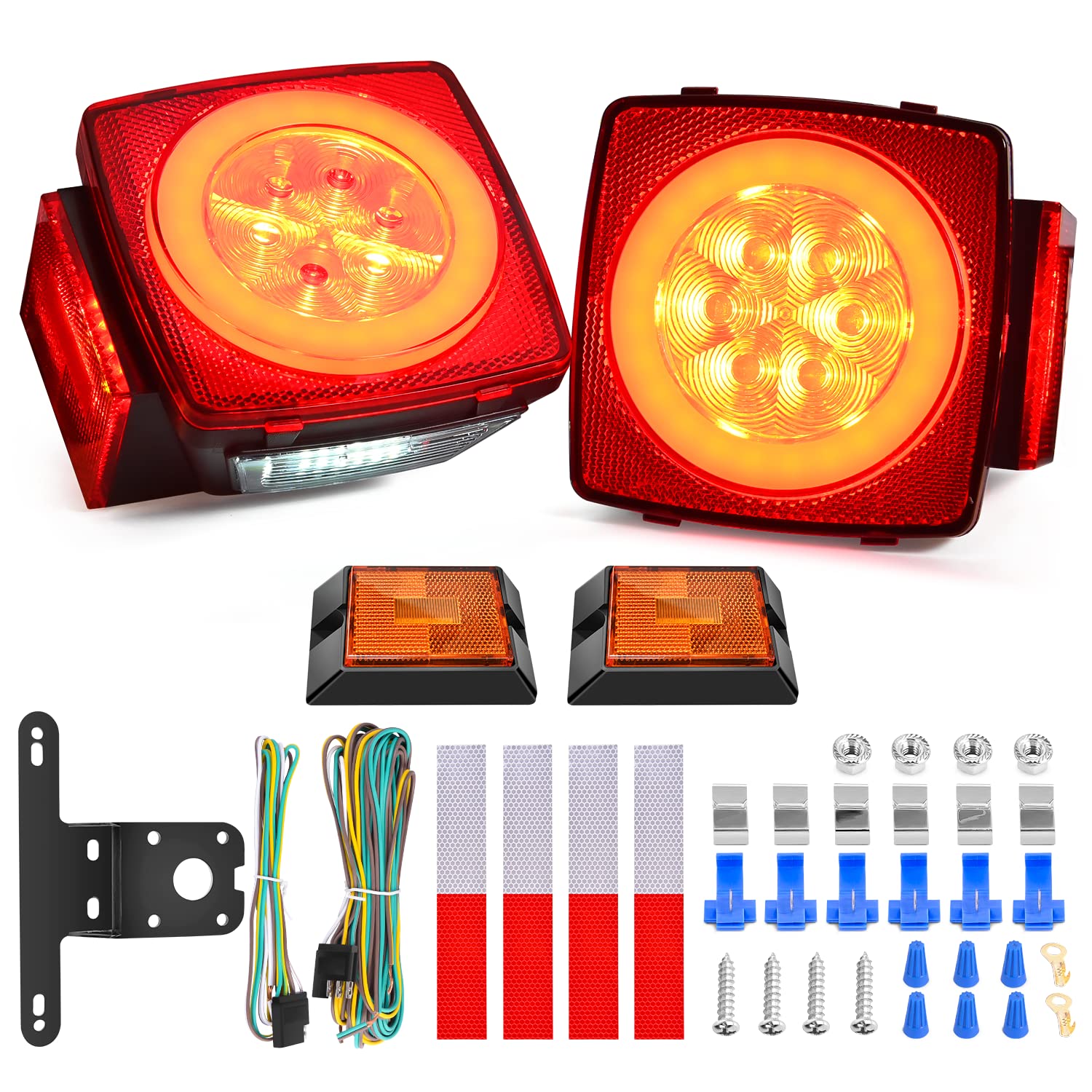 Nilight 2PCS Square LED Trailer Light Kit with Halo Glow Submersible LED Stop Turn Tail Side Marker Clearance License Light for 