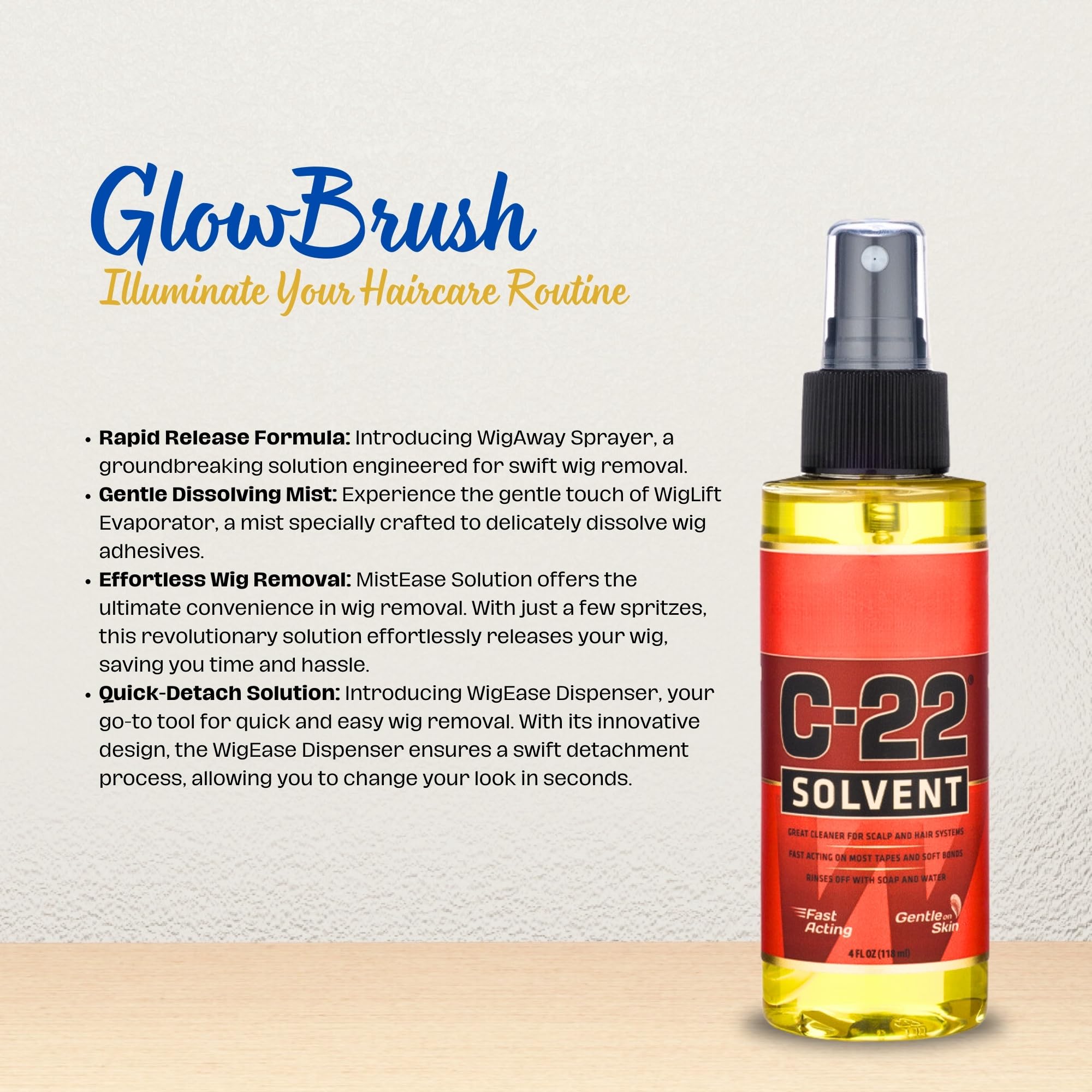 C-22 Solvent Spray - Multipurpose Hair, Wig, Tape Extension, and Adhesive Remover with Citrus Scent (4 Fl Oz)