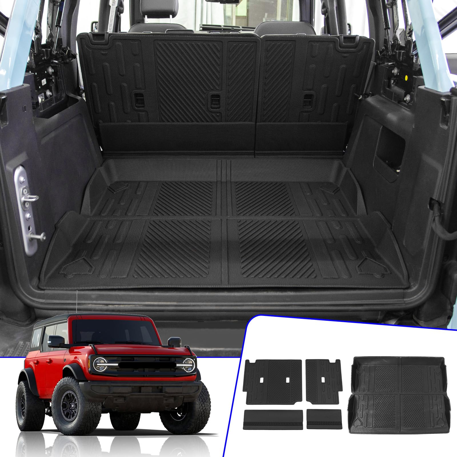 Rongtaod Cargo Mat Compatible With 2021-2024 2025 Ford Bronco 4 Door Trunk Mat Cargo Mat Cargo Liner Back Seat Cover Protector 2023 Bronco Accessories (Trunk Mat+Backrest Mats)