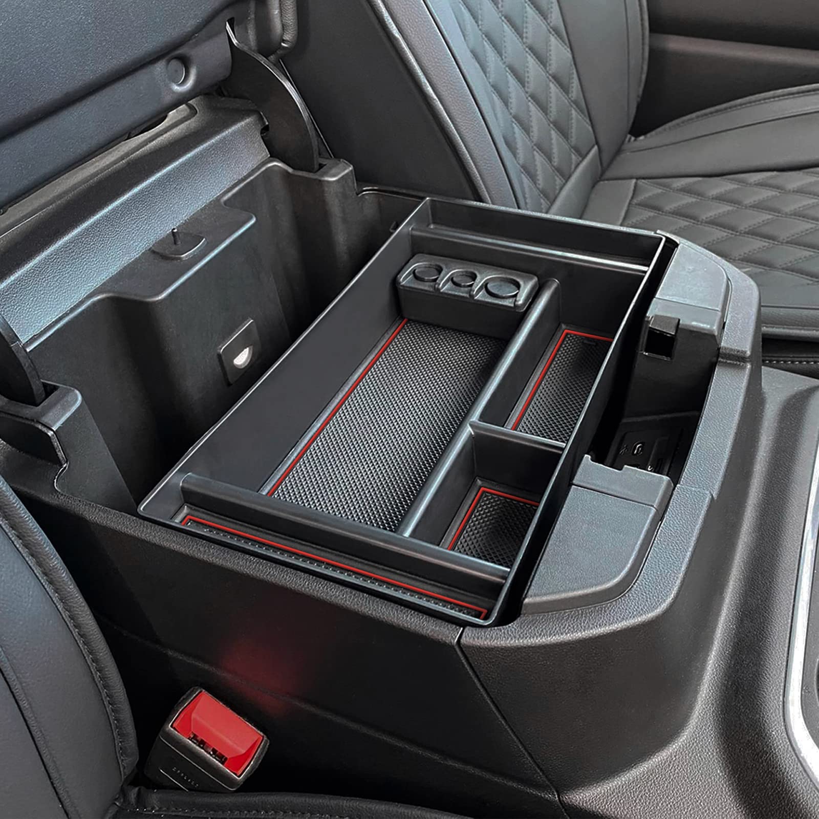 TOPINSTALL Red Center Console Tray for 2019-2023 Chevy Silverado/GMC Sierra Bucket Seats - Rubber Accessory