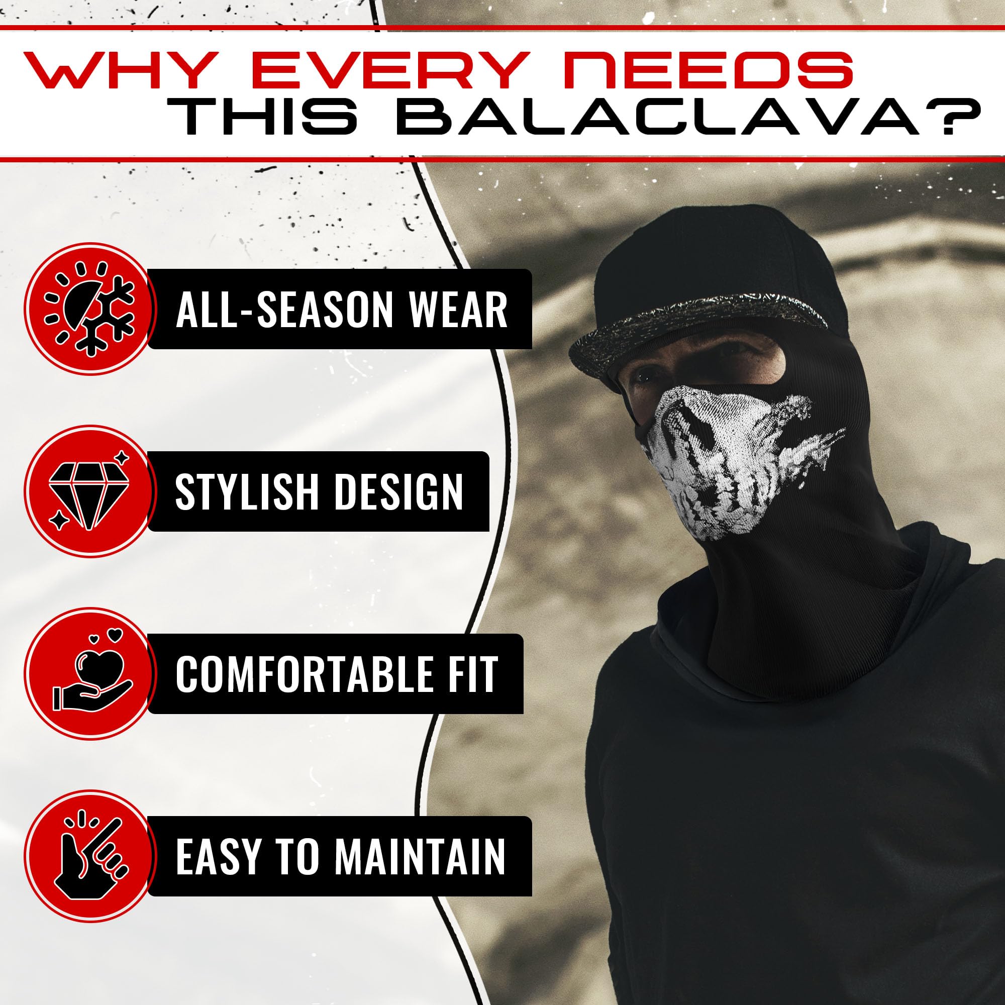 Balaclava Ghost Mask - Breathable & Stretchy Skull Face Mask With Wind Protection - Under Helmet Wearing Skull Balaclava With Sc