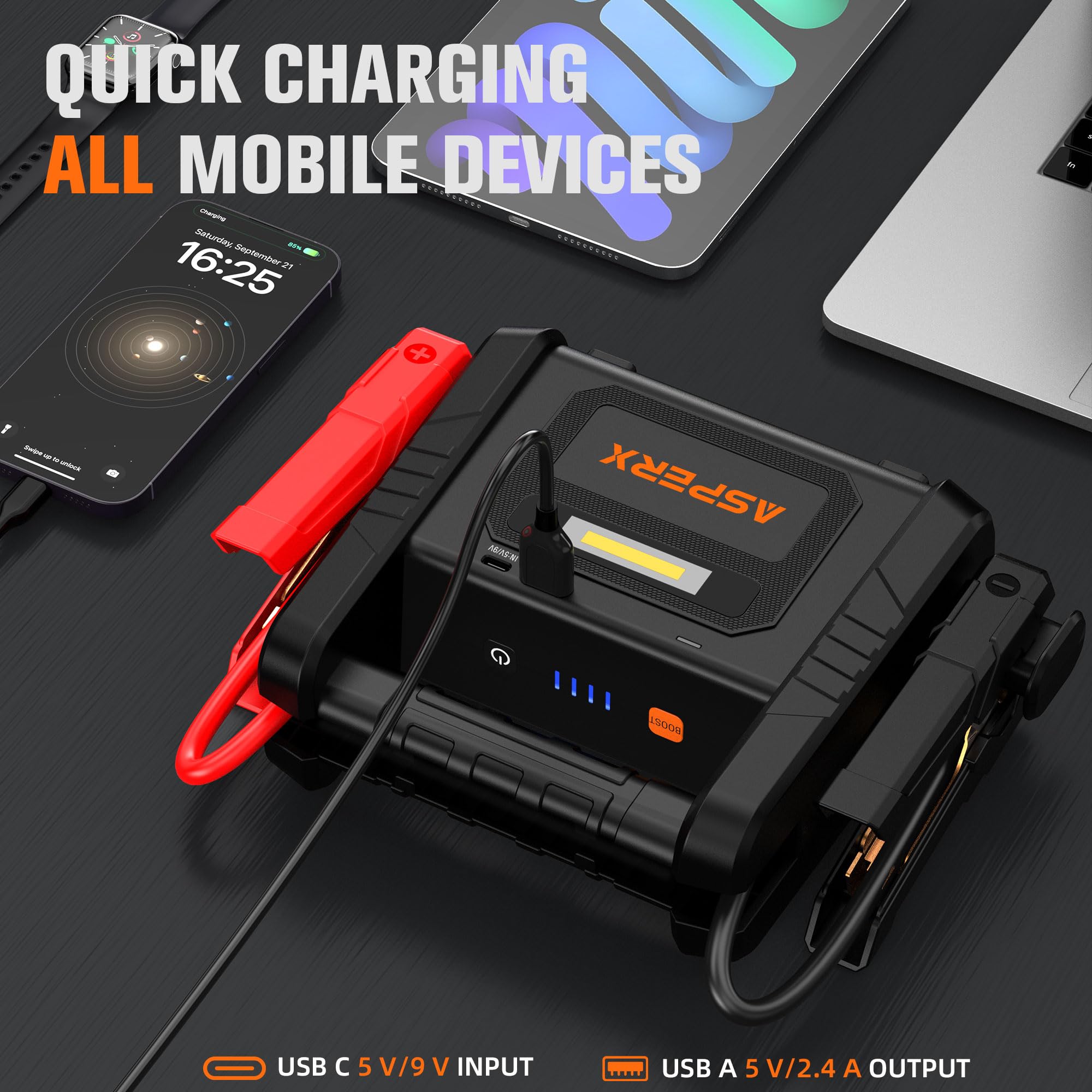 Asperx 6000A Car Jump Starter, Battery Jumper Starter Portable For 12V Vehicles (For All Gas Or Up To 12L Diesel) - Car Battery