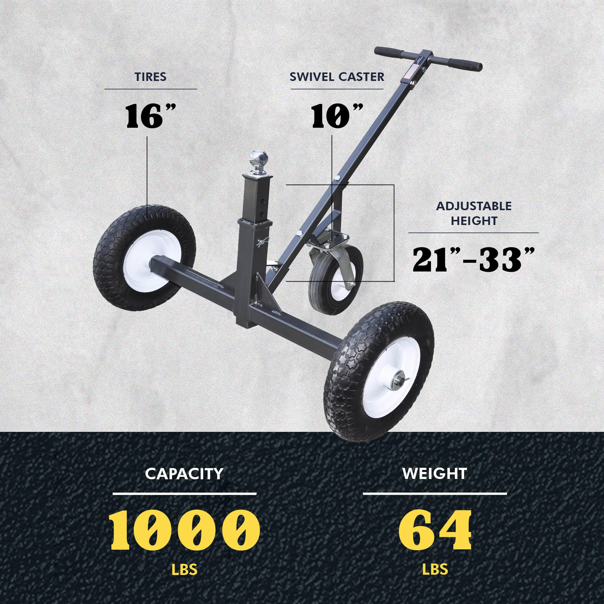 Tow Tuff Adjustable Steel Trailer Dolly w/ 16&quot; Tires & 10&quot; Swivel Caster, 1000 lb Capacity