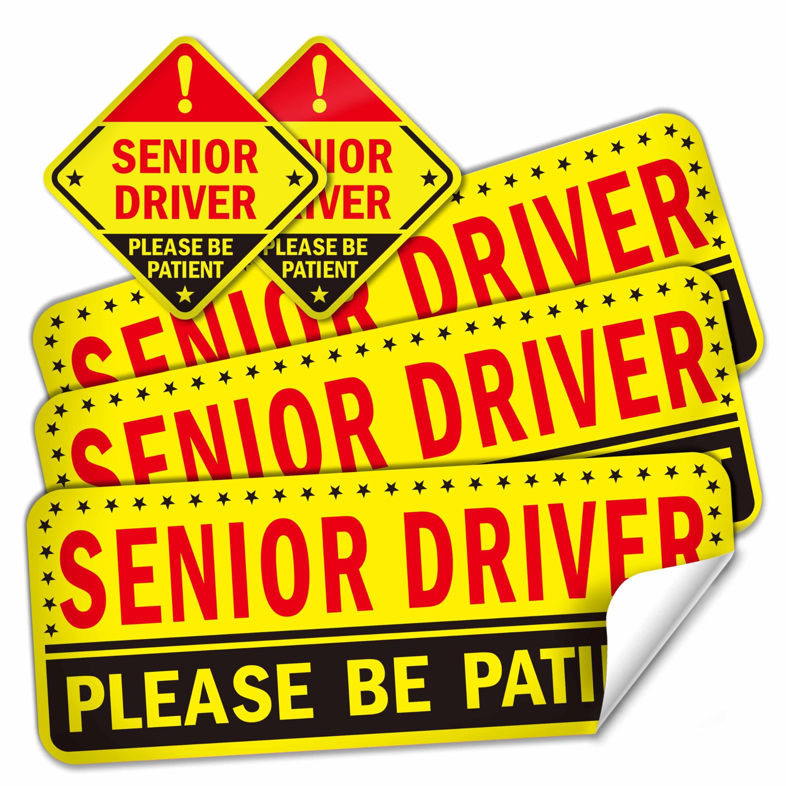 5 Reusable Senior Driver Stickers (Non-Magnetic) - Reflective Please Be Patient Decals For Elderly Drivers - Paint-Safe, Residue