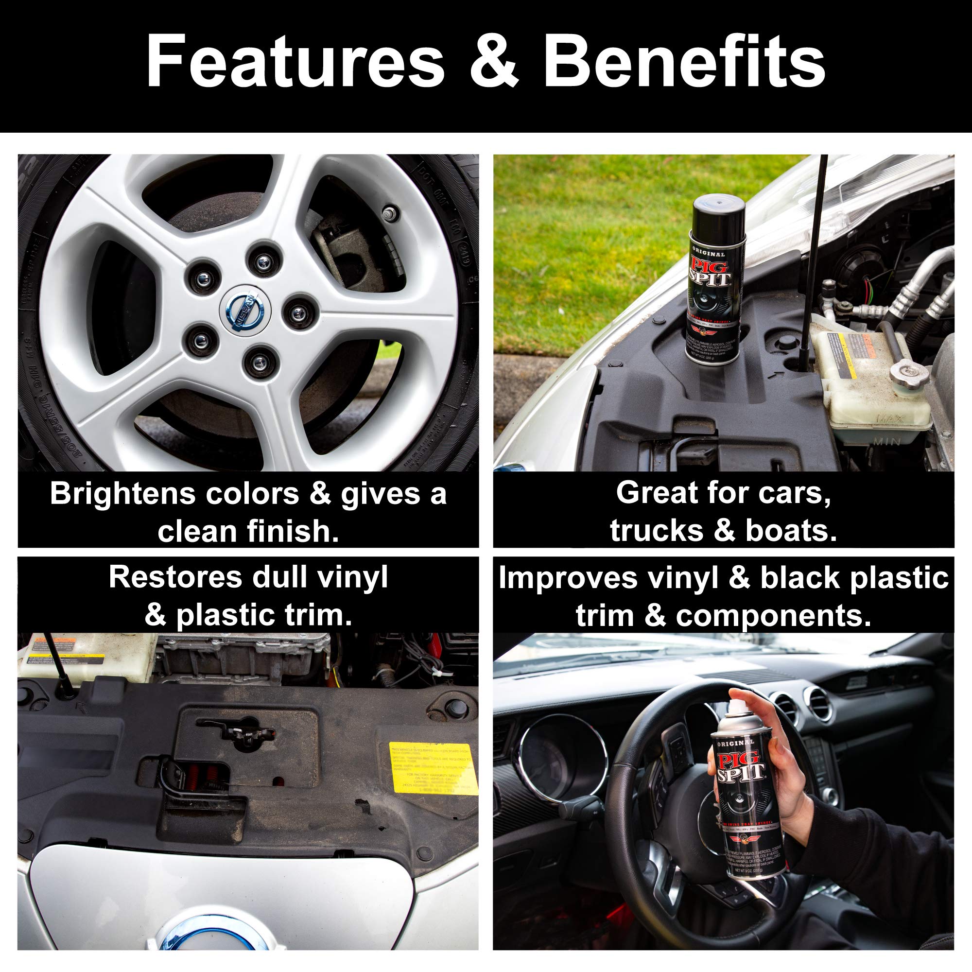 Pig Spit Original For Use On Motors, Transmissions, Vinyl And Black Plastic Trim Components And Tires, 9 Oz, 4-Pack