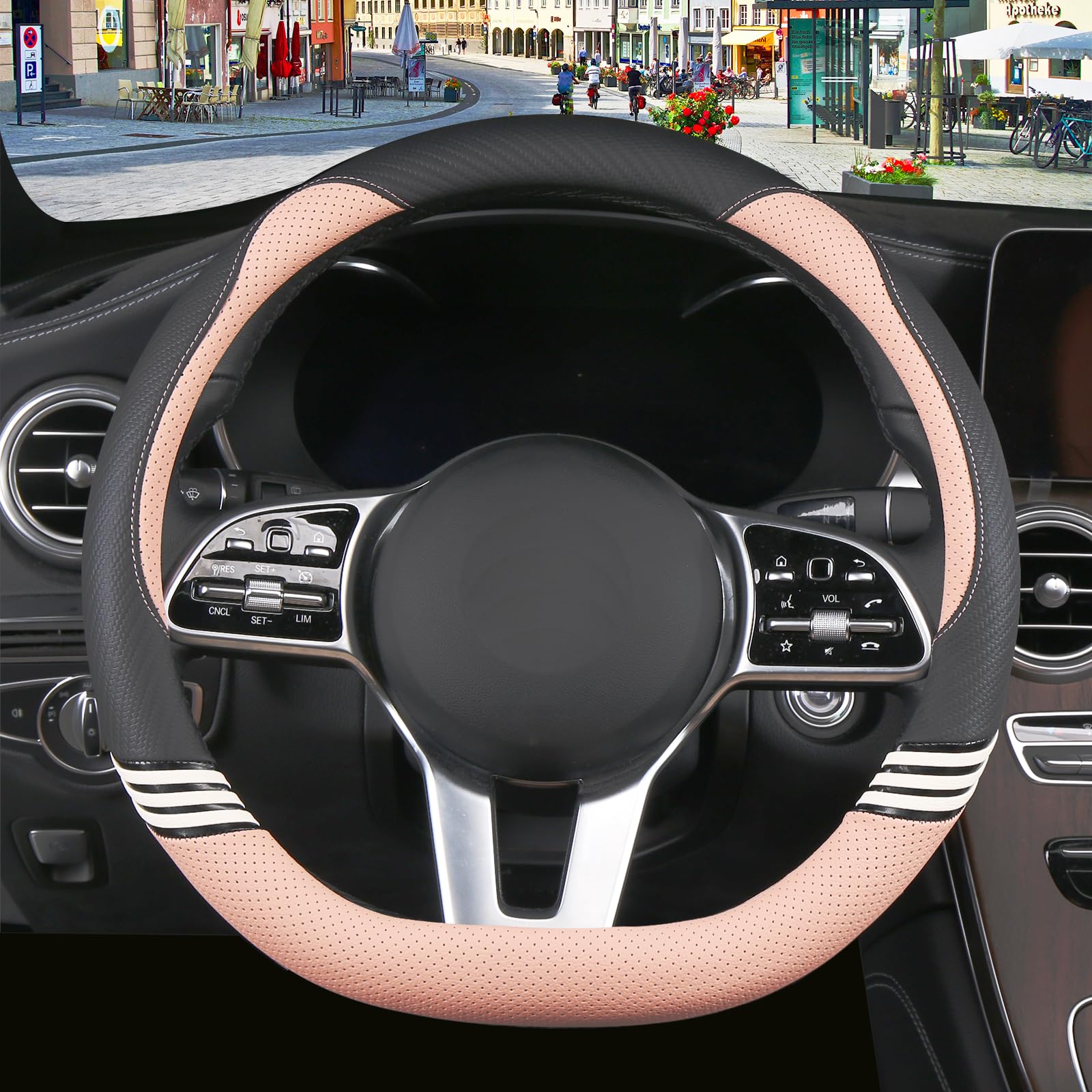 Binsheo Cute Steering Wheel Cover D Shape For Girls Women Universal 15 Inch,Black And Pink