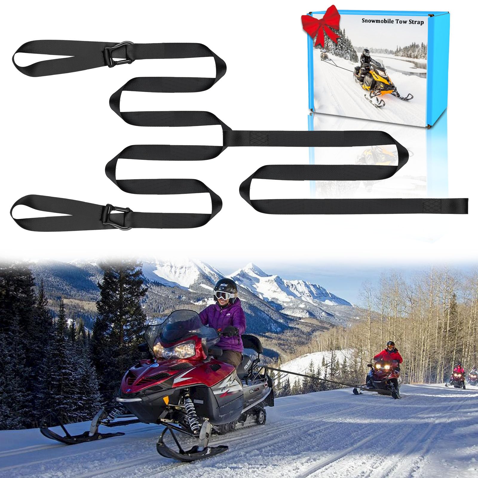 Botepon Snowmobile Tow Strap With Hook, 19Ft Tow Rope, Quick Hook Up For Sled, Skidoo, Atv, Emergency Kit Accessory