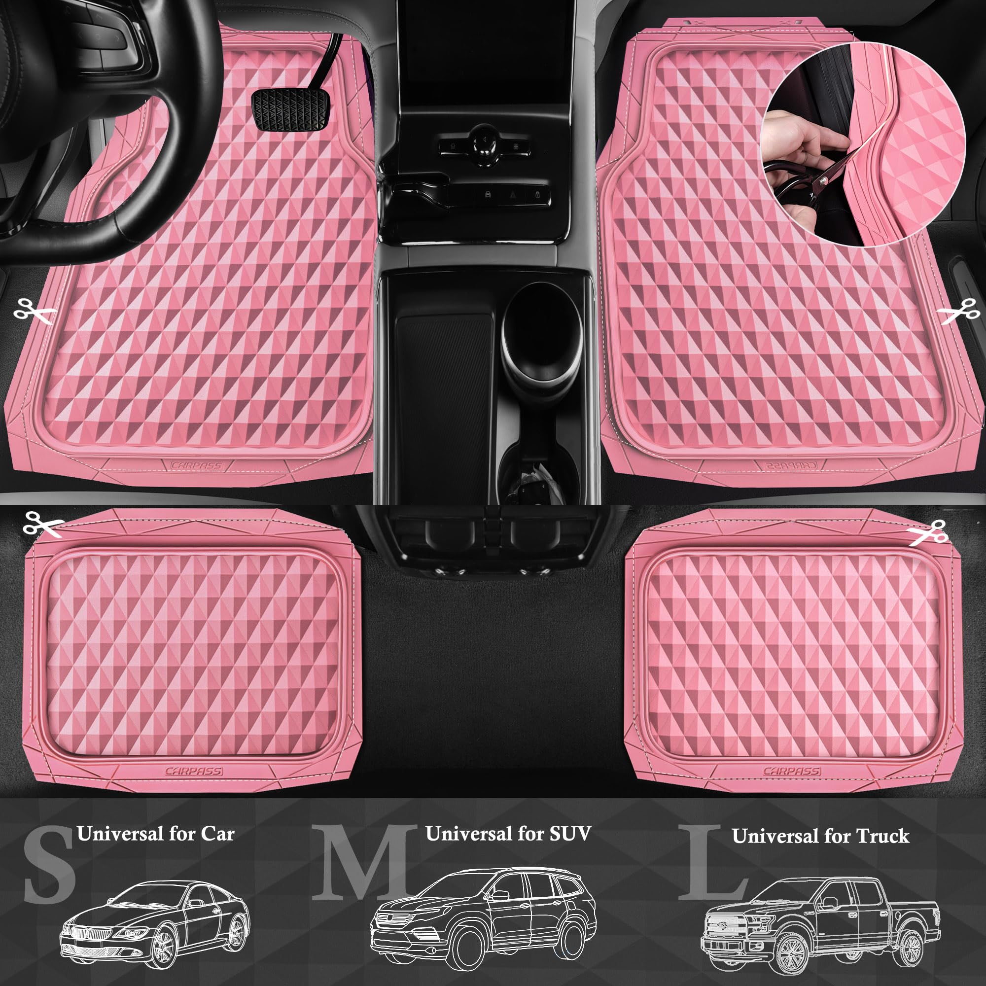 Car Pass Heavy Duty Rubber Pink Car Floor Mats & Cargo Liners, Deep Dish All-Weather Trunk Mats Durable Anti-Slip 3D Rhombus Wat