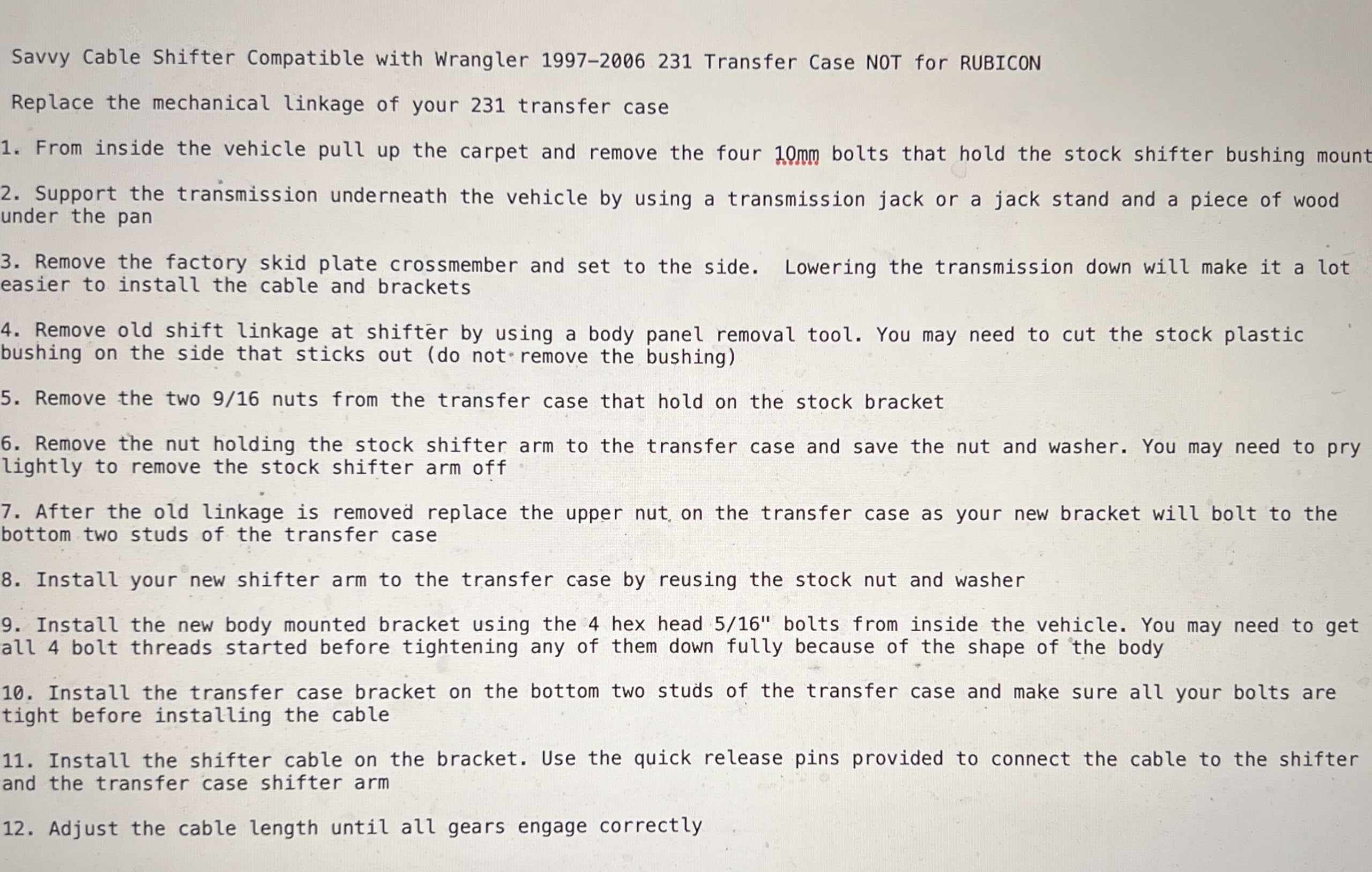 Savvy Transfer Case Cable Shifter Kit for the 231 compatible with Wrangler TJ/LJ 1997-2006