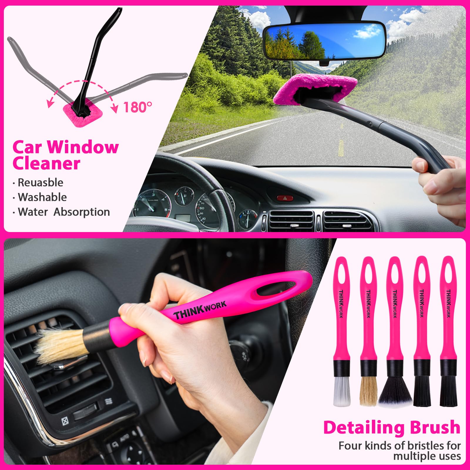 Thinkwork Car Detailing Kit Interior Cleaner, Car Cleaning Kit With 8000Pa Cordless Pink Handheld Vacuum Cleaner, Car Interior D