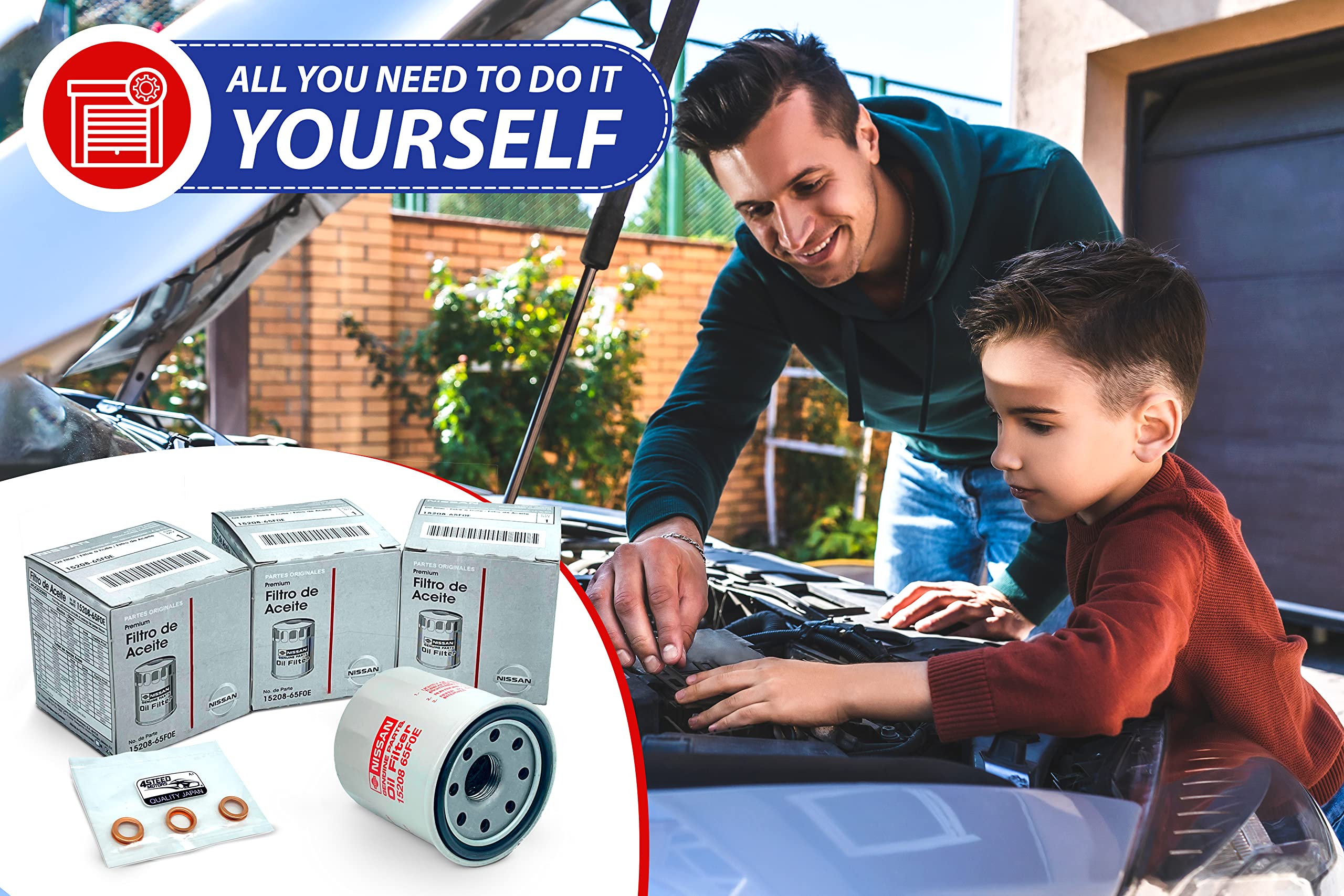 Set 3 Pcs New Genuine Oem 15208-65F0E Engine Oil Filter + 4Steed Motors 11026-Ja00A 11026-01M02 Drain Plug Gasket Compatible With Nissan Infiniti - Rogue Frontier Pathfinder Quest Murano Titan Sentra