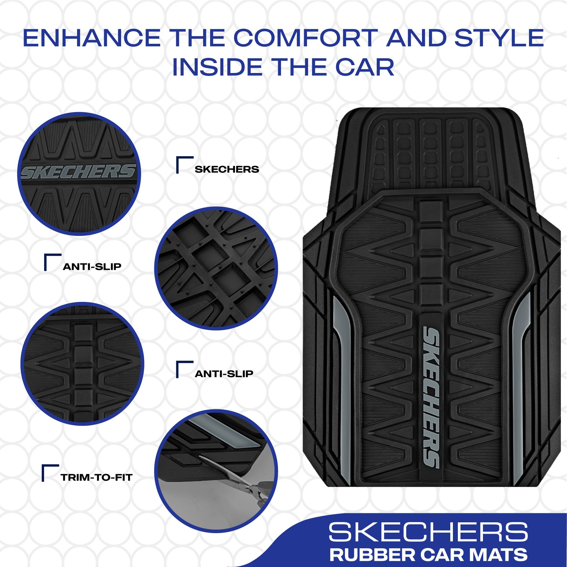 Skechers Car Floor Mats,Heavy Duty Rubber Car Mats Full Set,All Weather Floor Mats,Waterproof Trim to Fit Universal Floor Liner