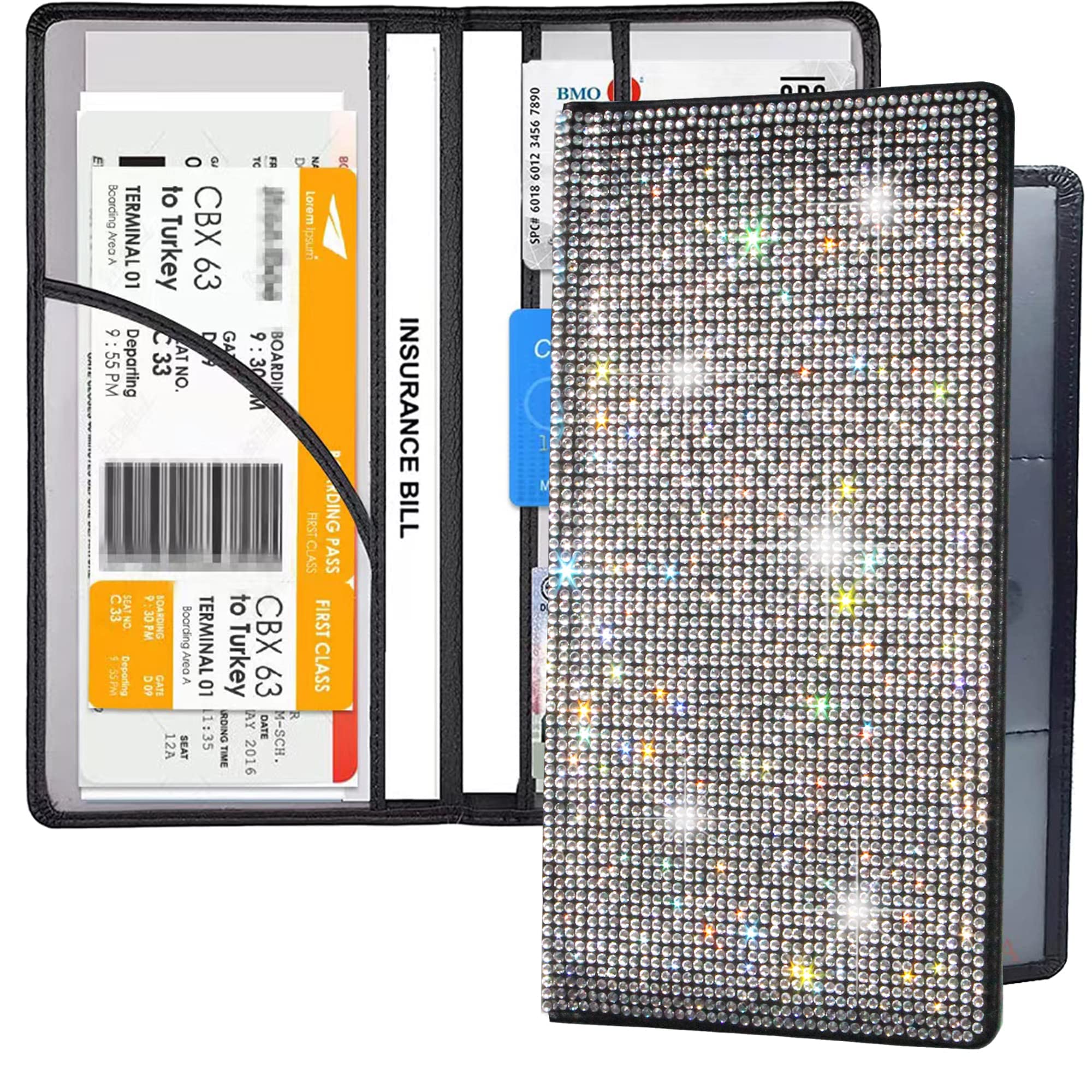 Lifutopia Bing Rhinestone Car Registration And Insurance Document Holder, Glitter Artificial Diamond Lether Vehicle Accessories Car Essentials Glove Box Organizer Compartment Case White