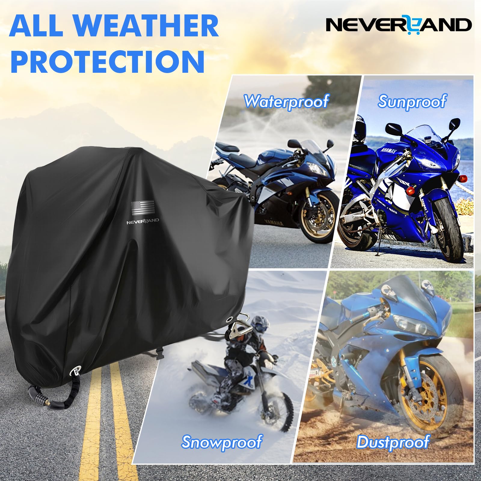 NEVERLAND Motorcycle Cover Waterproof Outdoor - Black Heavy Duty Scooter Cover, Motorbike Cover with Refletive Logo, Lock-Hole,