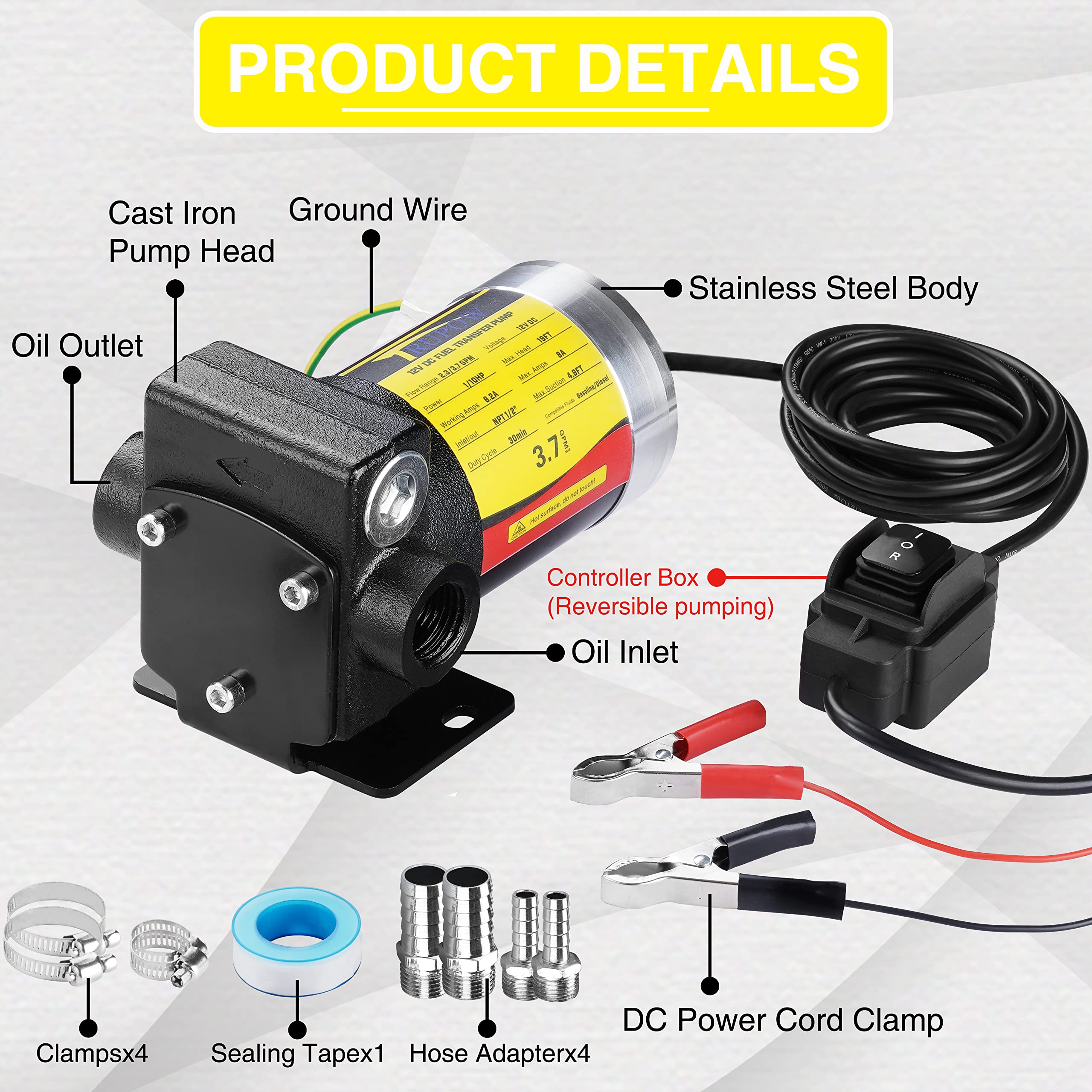 TRUPOW 12V DC Gasoline Fuel Transfer Pump - Reversible, Cast Iron, Model TP0315, for Diesel & Kerosene