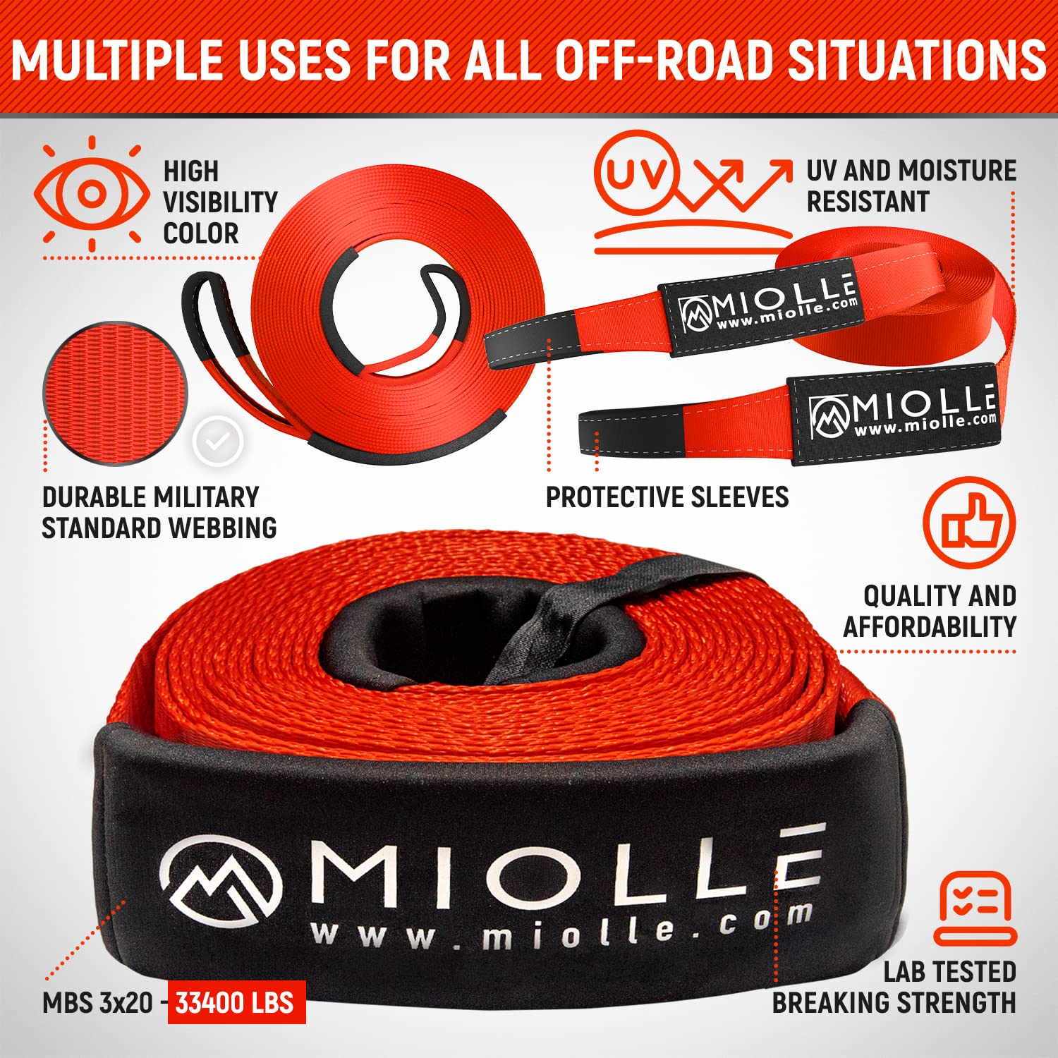 Miollegear Tow Strap 3   X20- 33400Lbs Mbs (Lab Tested) Recovery Strap Kit Includes: Tow Rope, 2 D-Ring Shackles Mbs-41800Lbs, S