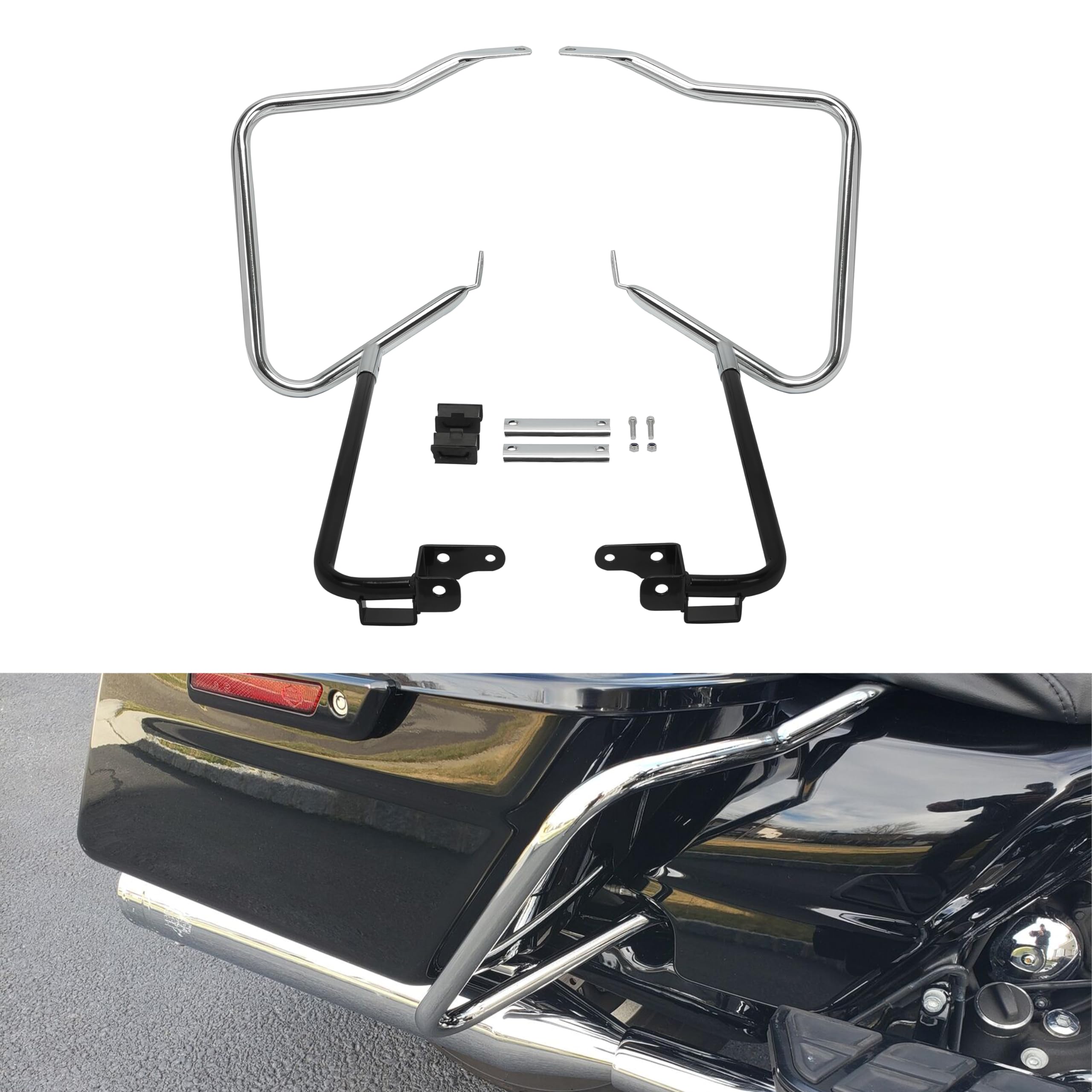ECOTRIC Saddlebag Bracket Guard Bars Compatible with 2014-2024 Harley Davidson Touring Street Road Glide FLH Saddle Bags Guard Support Bar Mount Chrome & Black
