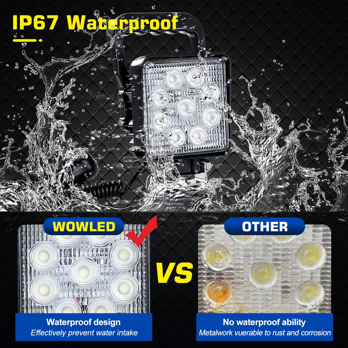 WOWLED 27W Portable LED Work Light Flood Lamp with Magnetic Base for Car, Off-Road, Truck, Boat, Tractor, Truck, Engineering Veh