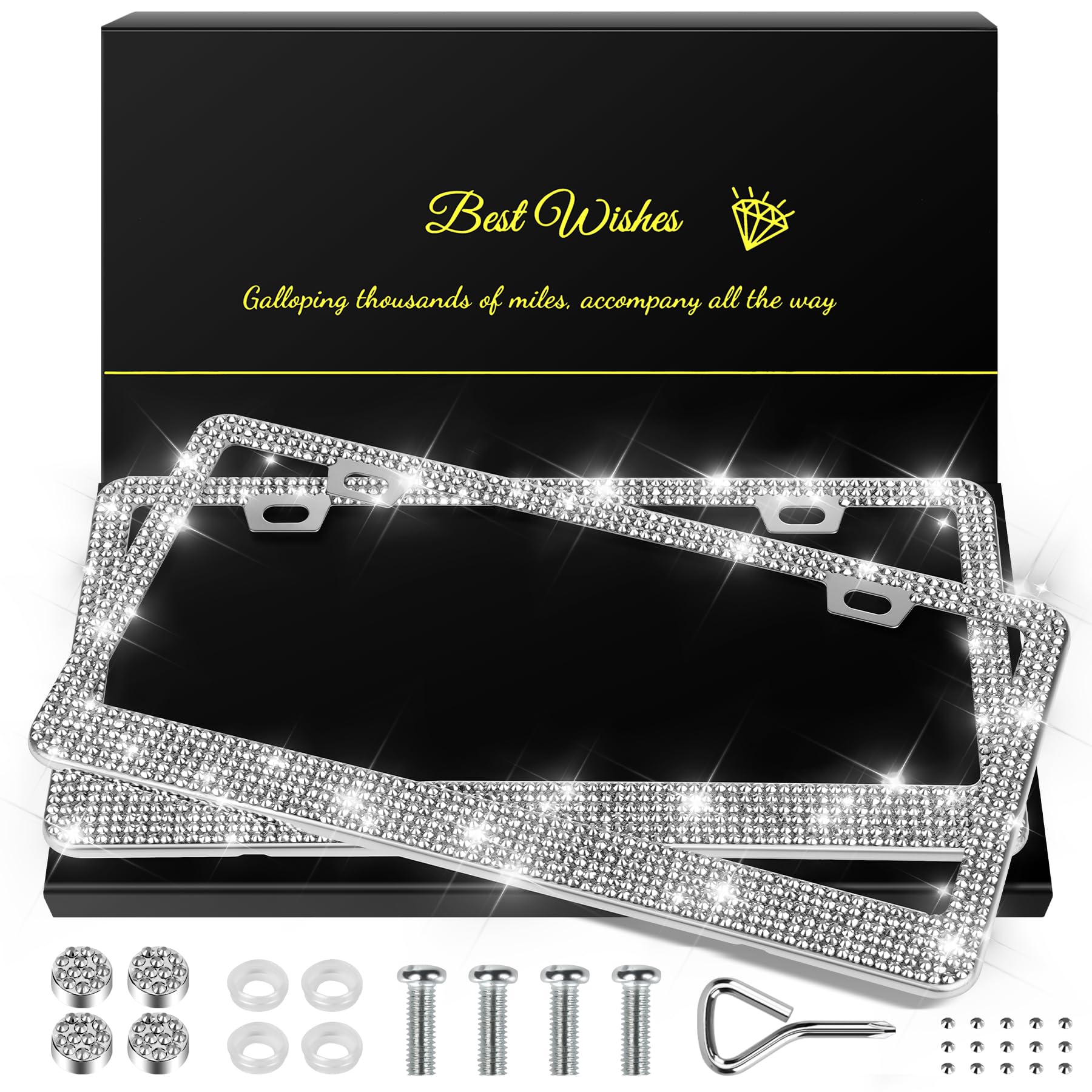 Quanqiufei 2 Pack Bling License Plate Frames For Women, Sparkly Rhinestone Diamond Car Accessories With Glitter Crystal Caps (Si