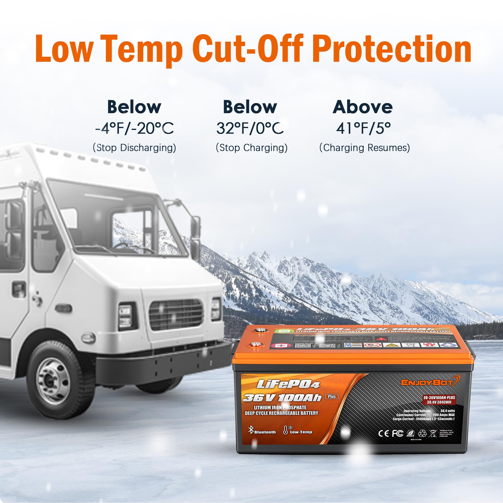 Enjoybot 36V 100Ah Plus Lifepo4 Lithium Battery With 43.8V 12A Charger, Built-In 200A Bms And Bluetooth, Support 2 Series Connec