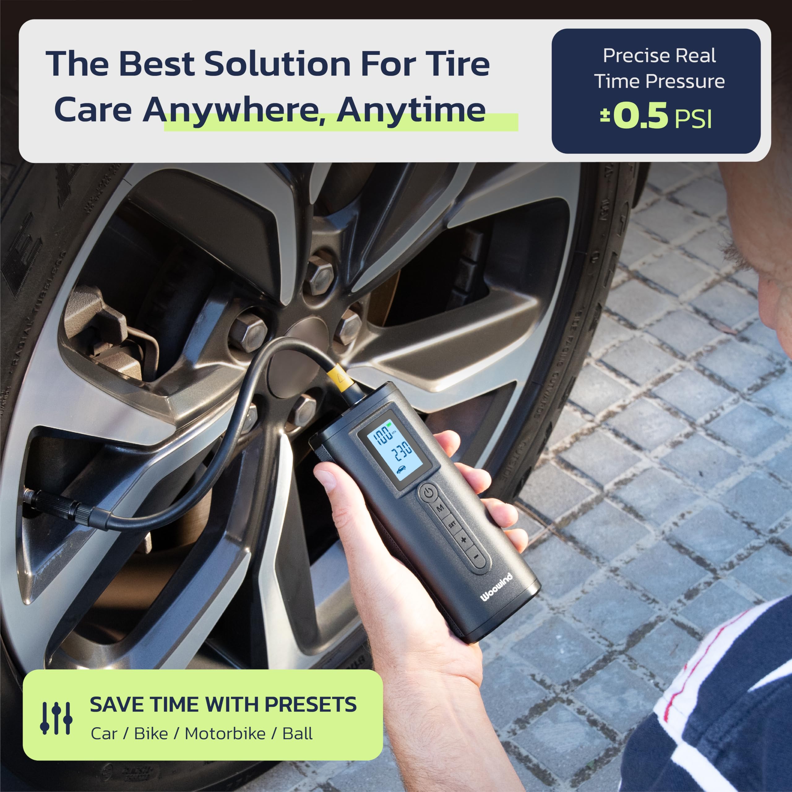 Woowind Ap2-P Tire Inflator Portable Air Compressor 150Psi Air Pump For Car Tires, Bike Pump, Auto Stop, Quick Inflation For Car Owners, Cyclists