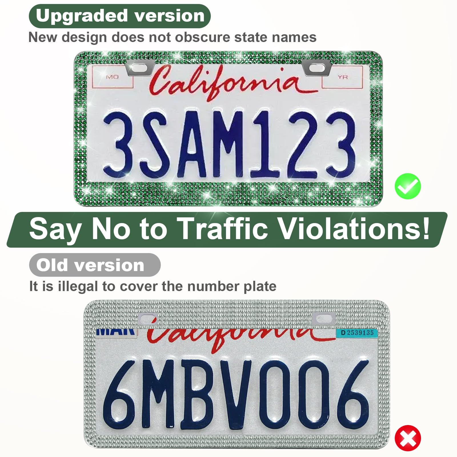 Quanqiufei 2 Pack Bling License Plate Frames For Women, Sparkly Rhinestone Diamond Car Accessories With Glitter Crystal Caps (Da