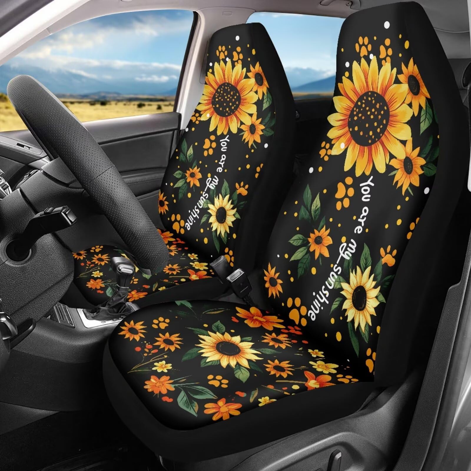 Bigcarjob Sunflower Car Accessories Set 2 Pcs Dog Paw Sunflower Car Seat Cover Full Set For Women Girls Cute Auto Interior Seat