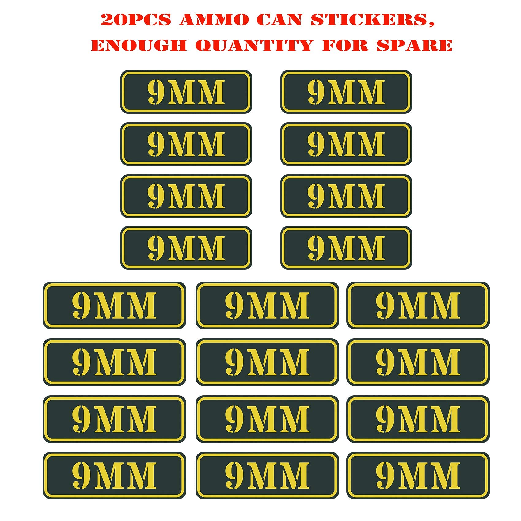 Aolamegs Ammo Can Vinyl Sticker Set Decal Label 9Mm 5.56 7.62 12Ga .22 .223 .308 .300 .380 .45 (20 Pack/9Mm)