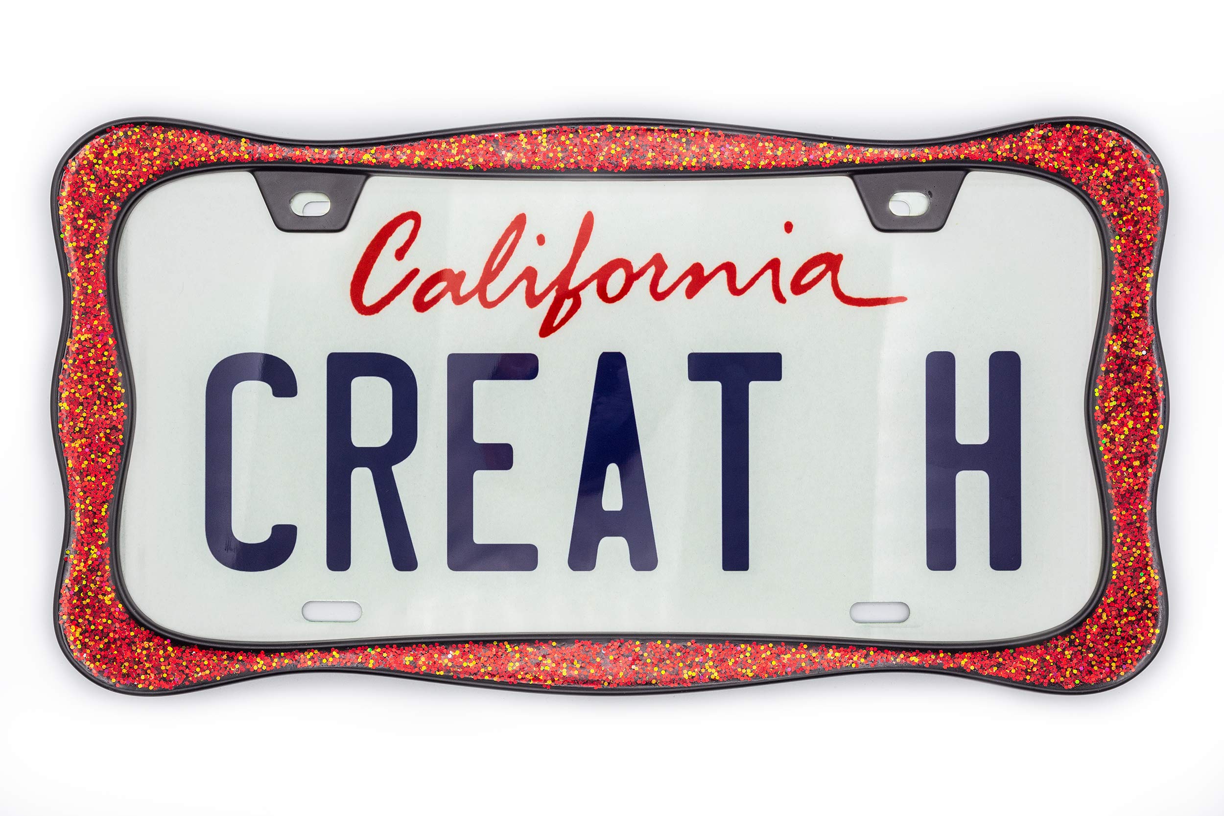 Creathome 3D Shining License Plate Frame, Black Powder Coated With Red Chunky Gliter, Pure Zinc Alloy Metal