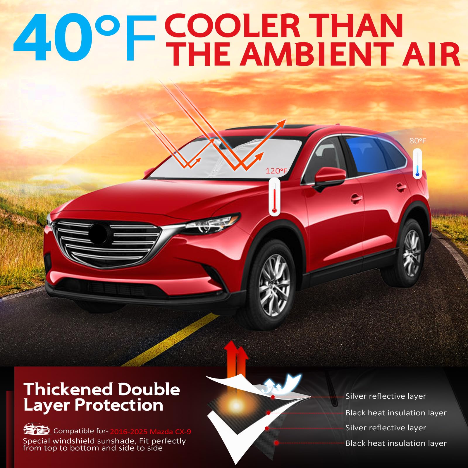 Kayzt Windshield Sun Shade For 2016-2025 Mazda Cx9 Cx-9 Foldable Sunshade Front Window Custom Fit Car Accessories