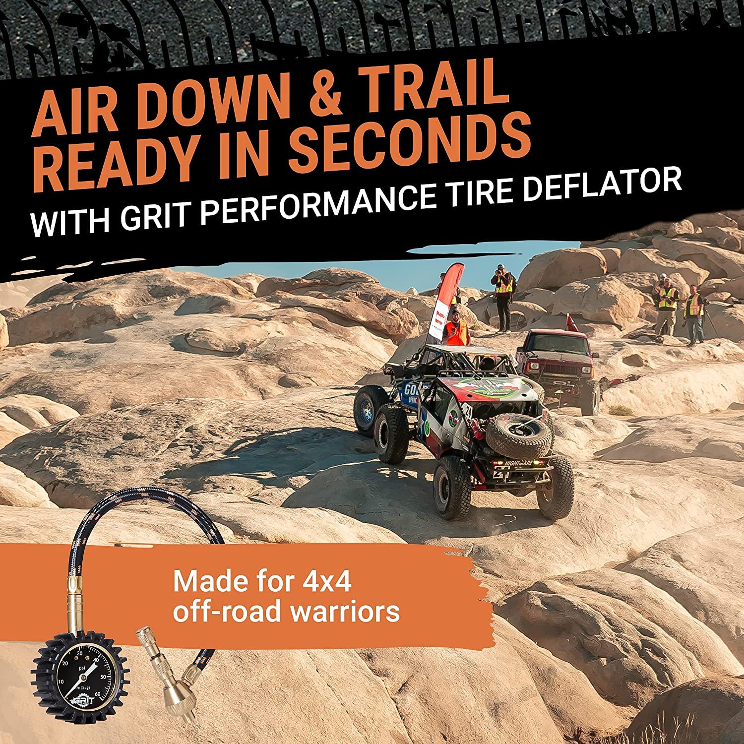 Grit Performance Tire Pressure Gauge (0-60 Psi) Heavy Duty, With Custom Foam Case, Chrome Caps & Valve Core Repair Tool, Rapid Air Pressure Gauge, Tire Deflators Offroad Accessories, 4X4 Tires