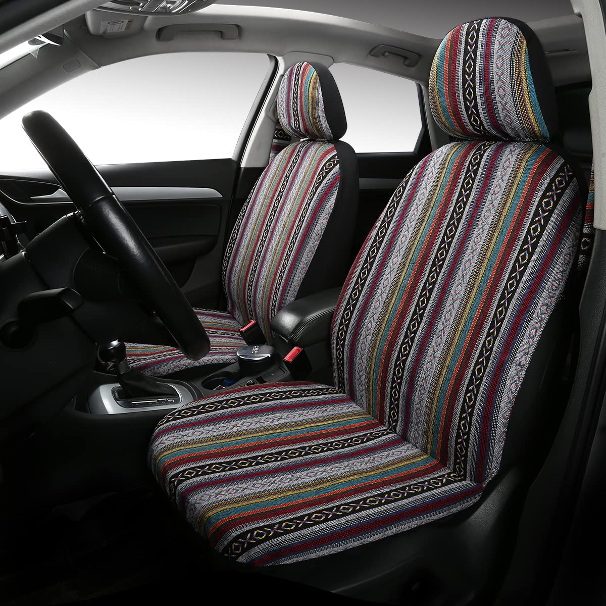PONYJOYUP Baja Saddle Blanket Car Seat Covers 4PCS Front, Breathable and Washable Striped Woven Automotive Vehicle Seat Cover, U