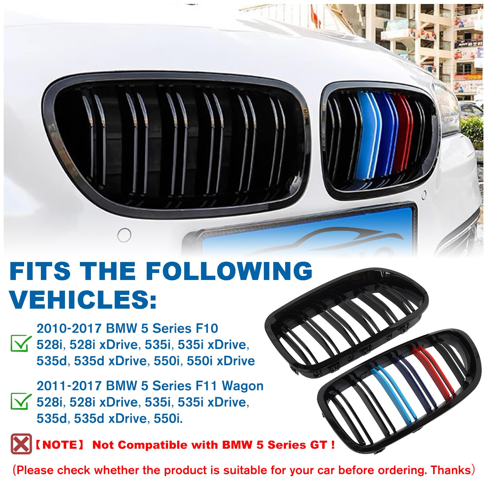 BILLDIO F10 M Color Front Kidney Grille for 2010-2017 BMW 5 Series, Double Slats, Plastic, Model FDEX050AD