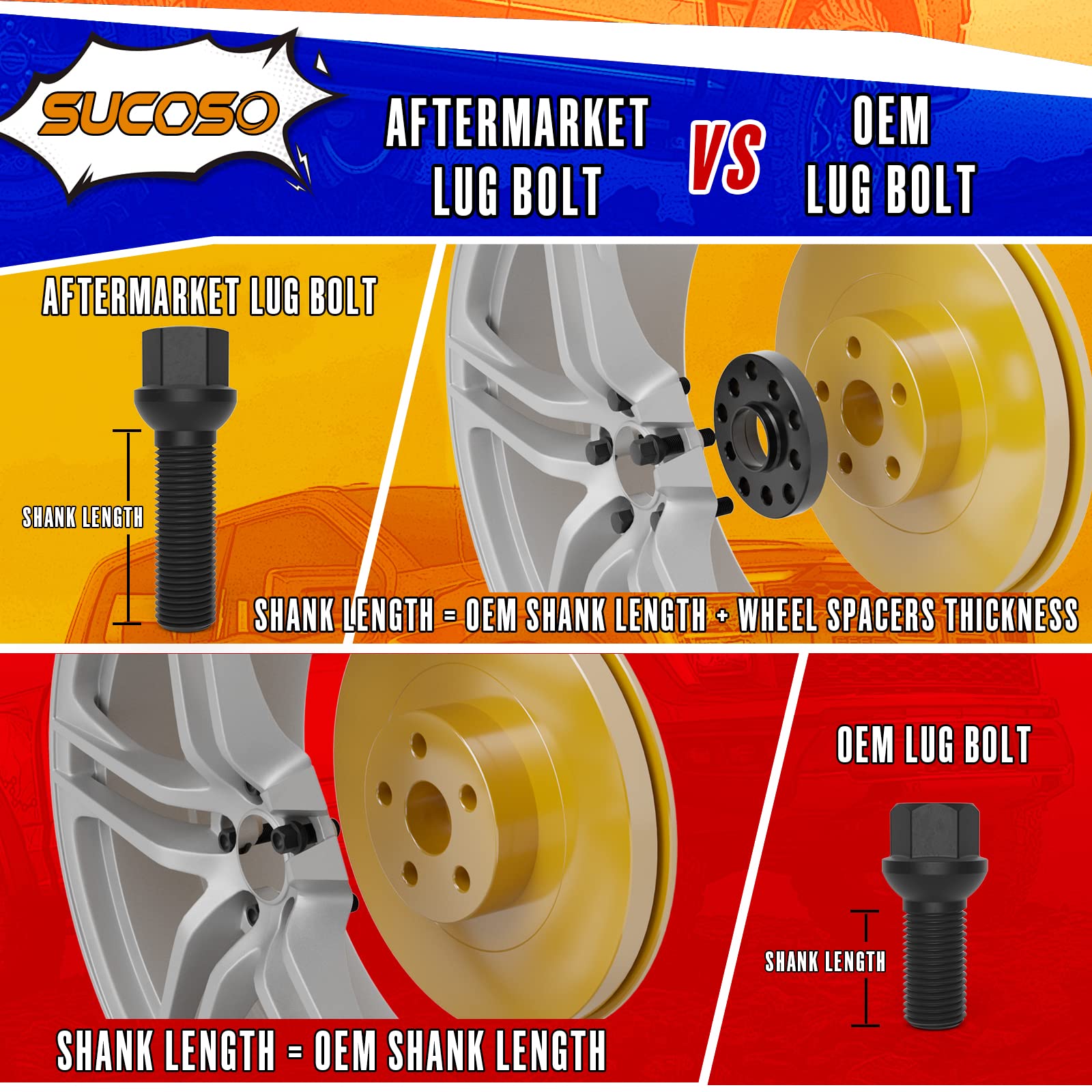 Sucoso 20Pcs 14X1.5 Extended Lug Bolts With 40Mm Shank Length Ball Seat,Aftermarket Wheel Lug Bolts For Spacers,Compatible A3 A4