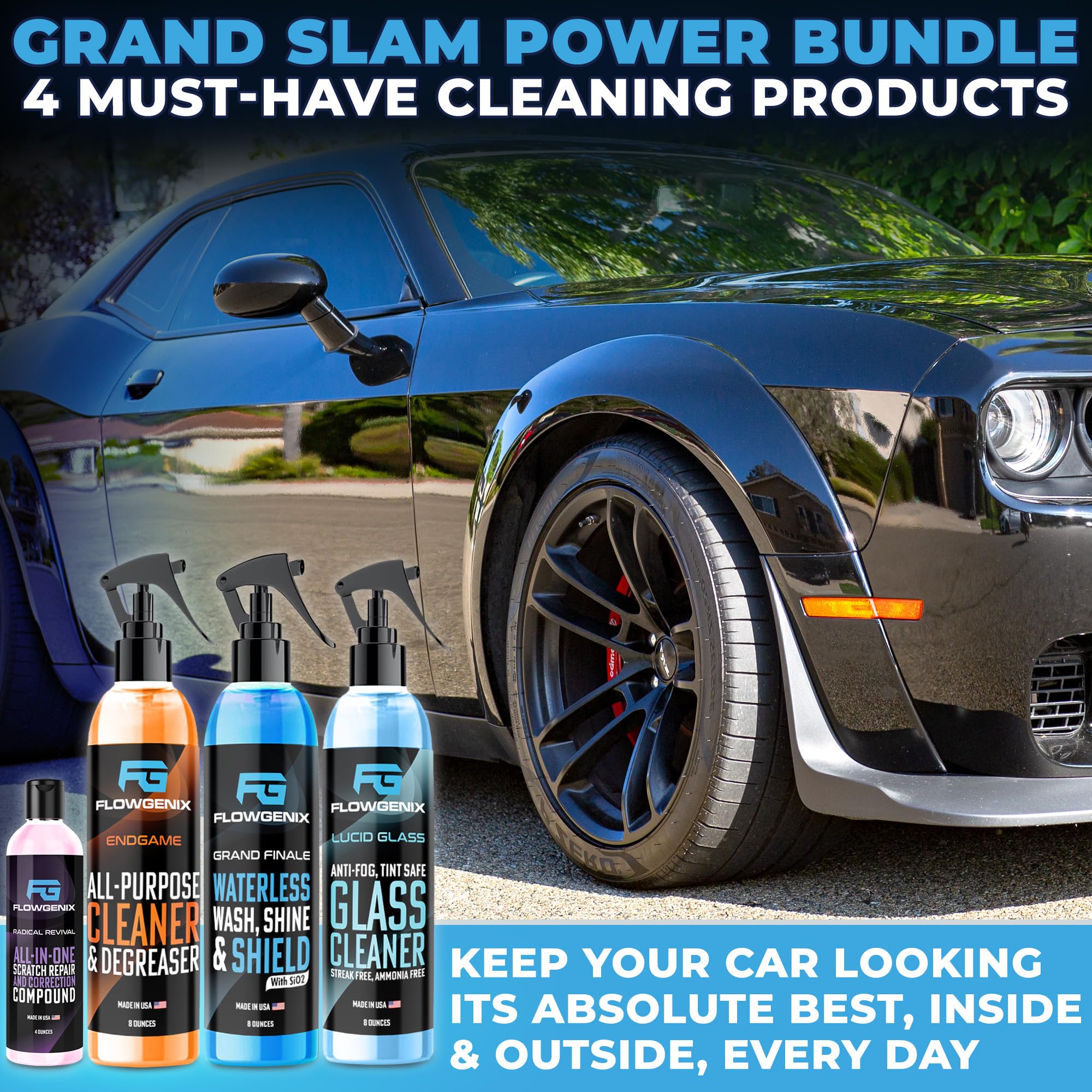 Flowgenix Grand Slam 4-Pack Includes Waterless Car Wash Spray + Instant Car Scratch Remover Repair + Streak Free Window And Glas