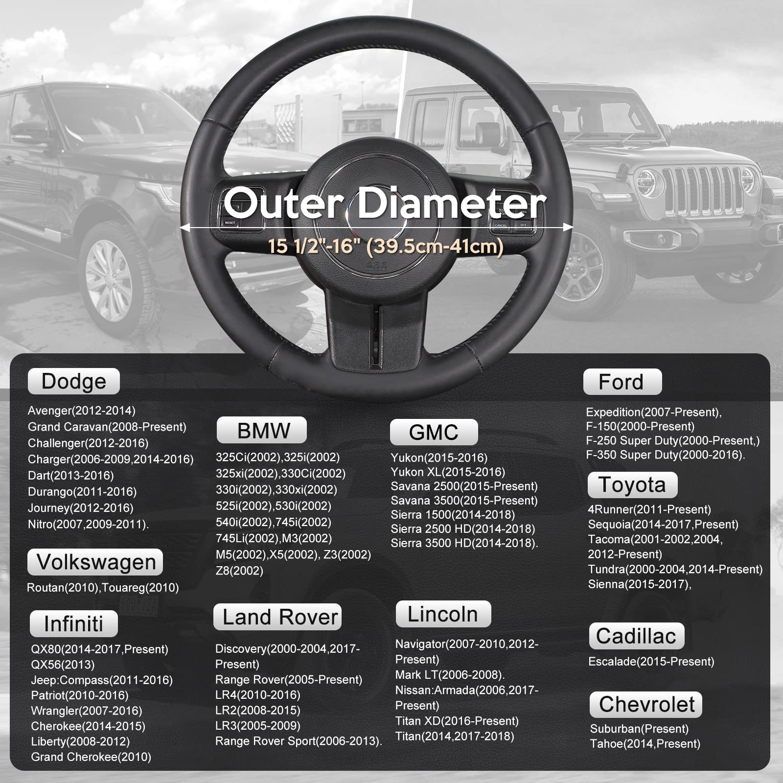 SEG Direct Car Steering Wheel Cover Large-Size for F150 F250 F350 Ram 4Runner Tacoma Tundra Range Rover Model S X with 15 1/2 in